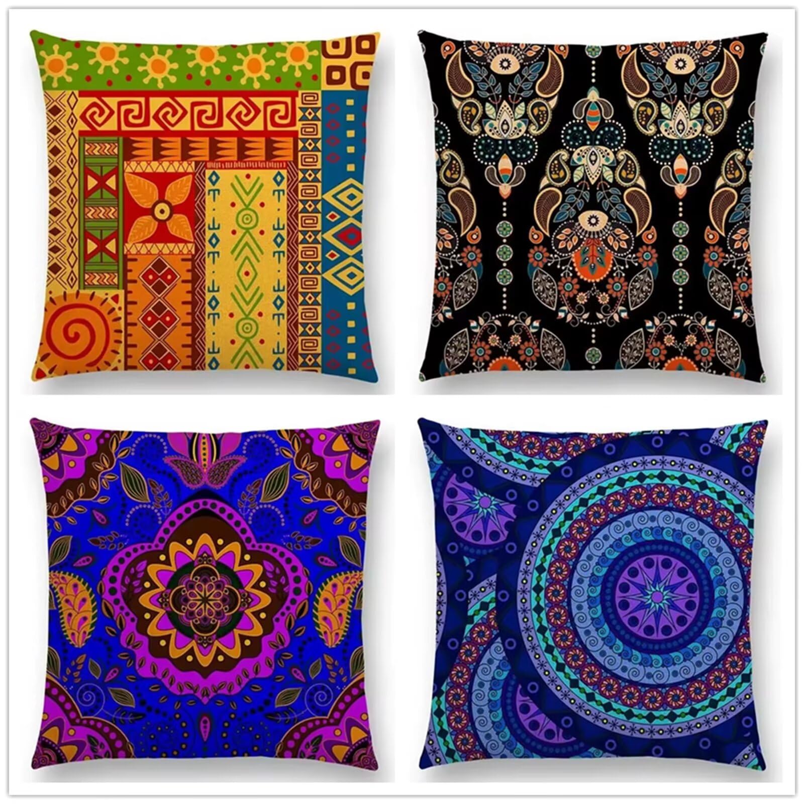 Heaen Outdoor Cushions Covers Waterproof 35x35 cm Set of 4 Square Linen Pillow Cases Blue Purple Mandala Decorative Dushions for Sofa Porch Patio Home Decor