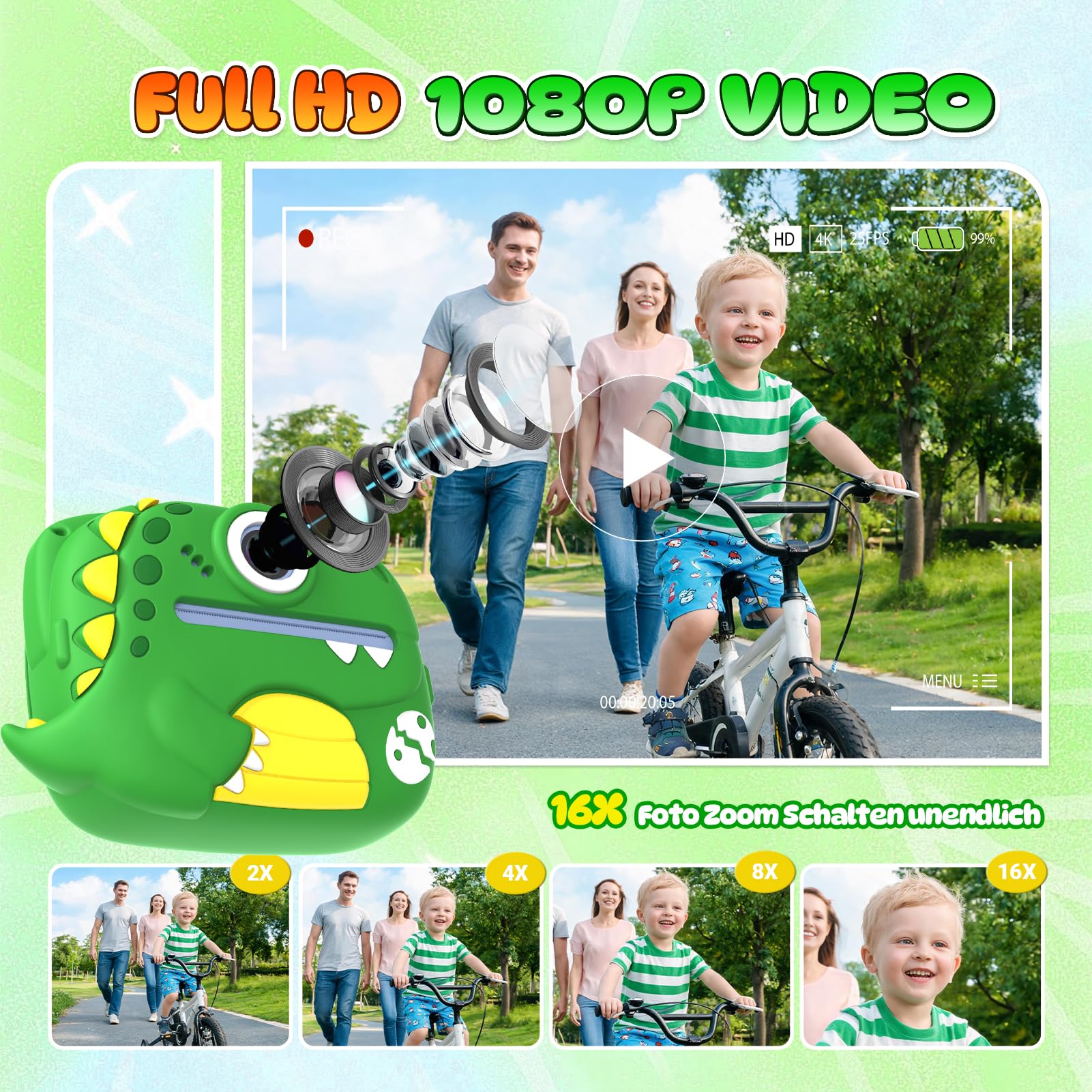 Wootoyz Kinderkamera Sofortbildkamera, Digitalkamera für Kinder Dinosaurier Spielzeug ab 3 4 5 6 7 8 Jahren Junge Geschenkideen Kinderkamera Junge 4 5 6 7 8 Jahre Spielzeug ab 3-12 Jahre