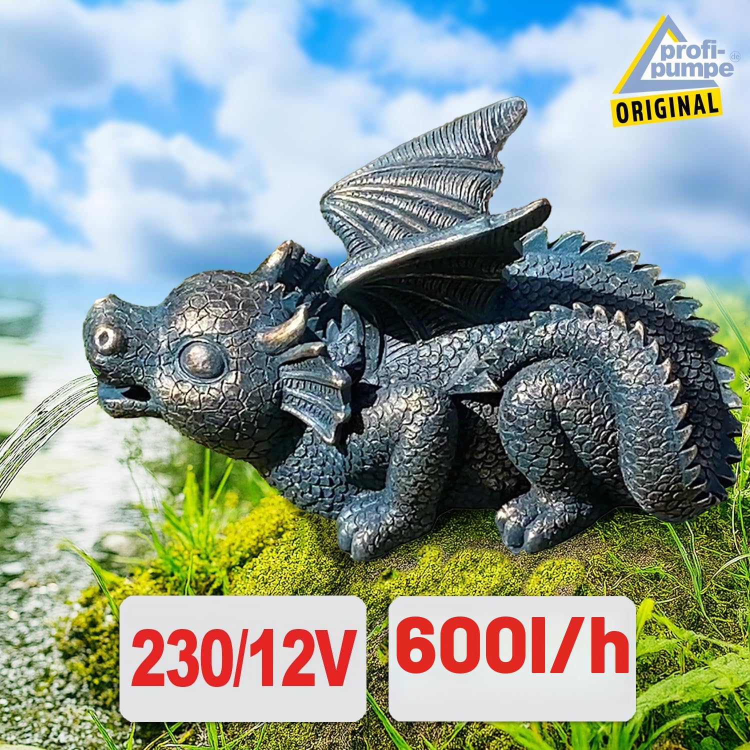 Gartenbrunnen für Außen 230V ZAUBER-Drache Zierbrunnen Zimmerbrunnen mit LED-Beleuchtung Wasserspiel für Garten, Gartenteich, Terrasse, Balkon