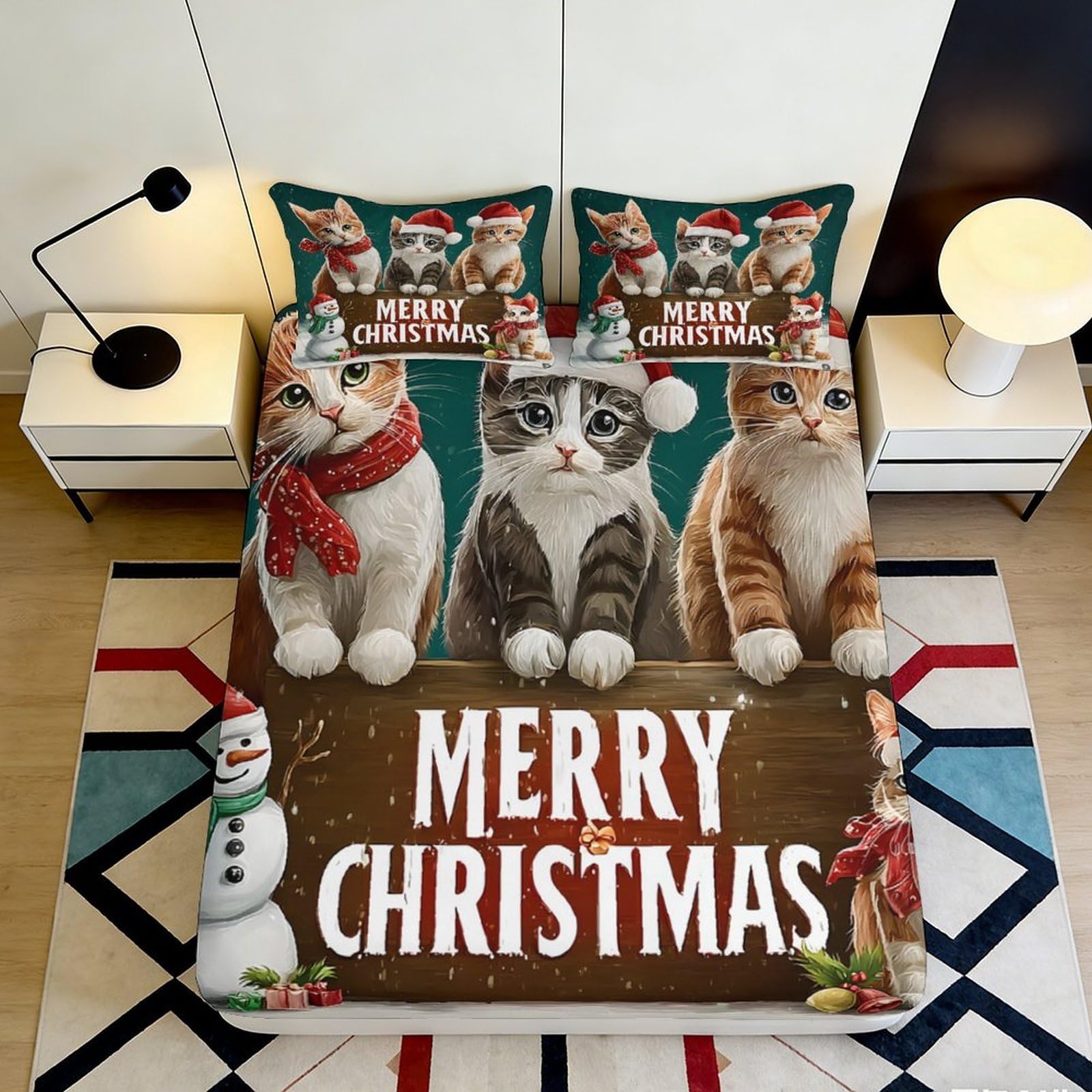 3D Printed Christmas Cat Fitted Sheet Microfiber Soft Red Green Cartoon Snowman Bed Cover for Bedroom Dorm Mattress Decor 90x200x25cm