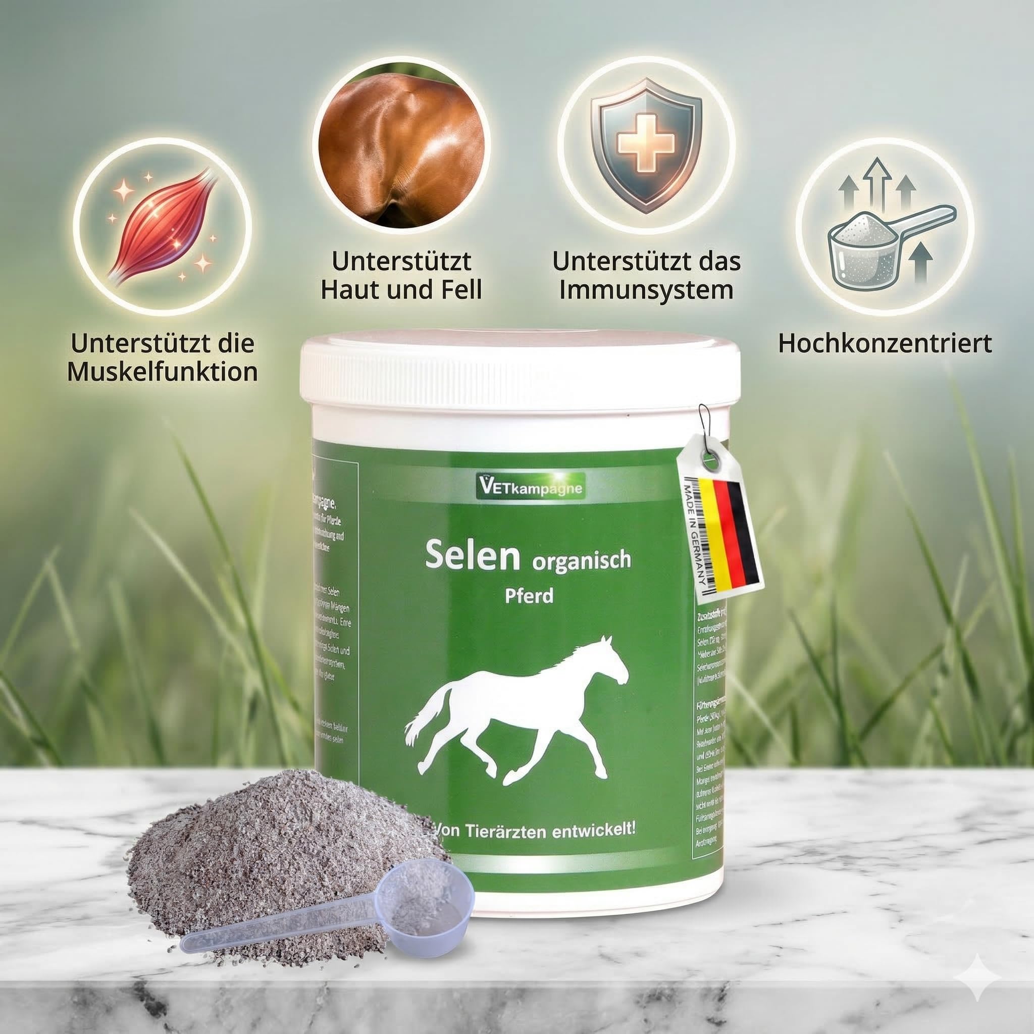 Selen organisch für Pferde – Hochdosiertes Pulver (125 mg/kg) mit Vitamin E – Unterstützt Muskelstoffwechsel & Immunsystem – Von Tierärzten entwickelt – 500g