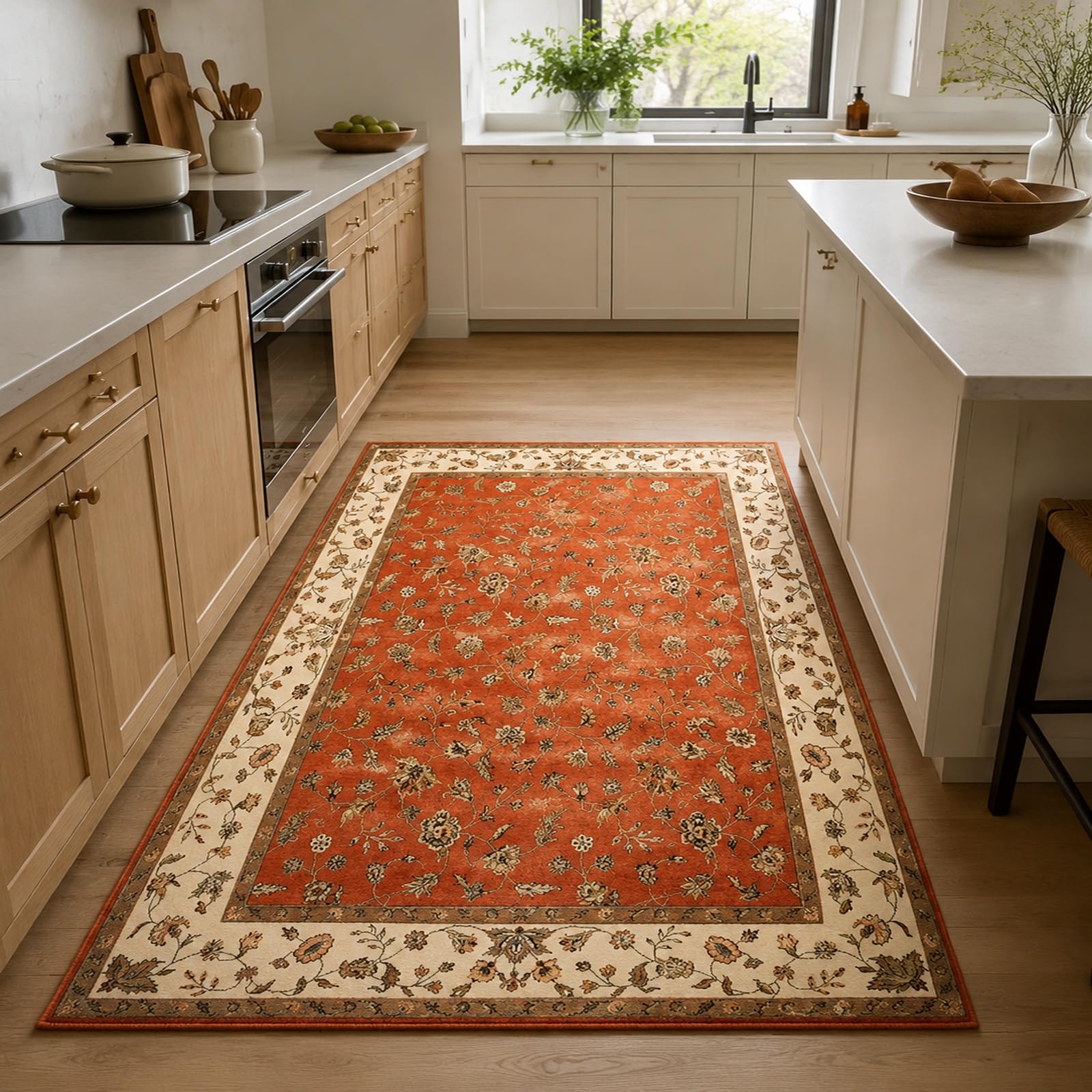 Teppich Wohnzimmer, 180 x 240 cm, Orientalisches Blumenmuster Orange, Beige Braun, Teppiche Waschbar Anti-Rutsch Schlafzimmer Teppiche Matte,