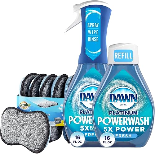 Dawn Powerwash - Jabón para platos platino en aerosol, aroma fresco + 1 repuesto Dawn Powerwash, 16 onzas líquidas cada una con 6 esponjas multiusos
