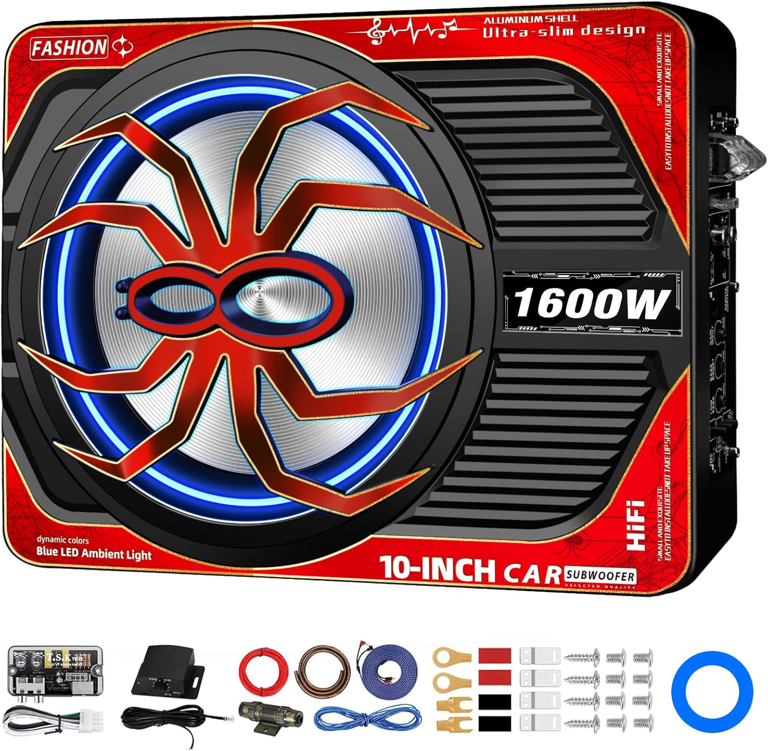 1600W Slim Under Seat Subwoofer and Amp Package, Powered Car Subwoofer with Built-in Amp, Subsonic Deep Bass, LED Switch Control, High-Excursion Underseat Subwoofer for Truck/Car Audio Systems