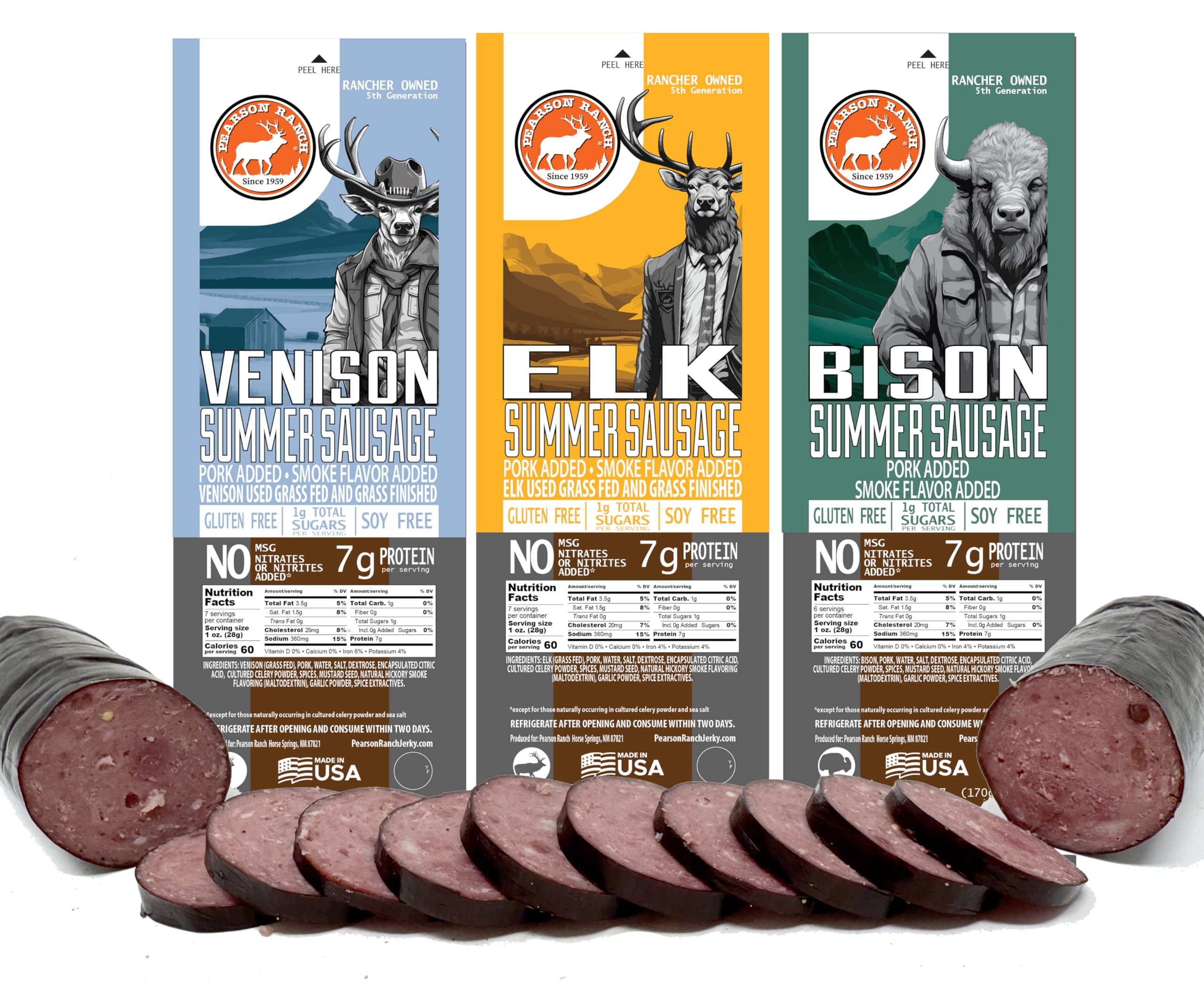 PEARSON RANCH Wild Game Meat Summer Sausage Sampler Pack of 3 - Elk, Buffalo, Venison Summer Sausage, Exotic Meat, Gluten-Free, MSG-Free, Charcuterie Gourmet Sausage
