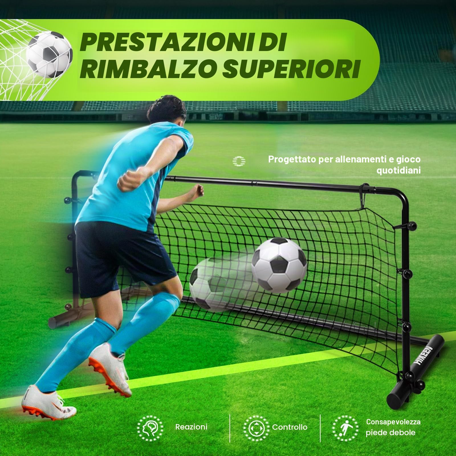 Hikeen Porta Calcio Portatile con Rimbalzo, Set Allenamento Facile da Montare per Esterno, Rete da Calcio con Effetto Rimbalzo per Tiri e Passaggi (138 x 55 cm)