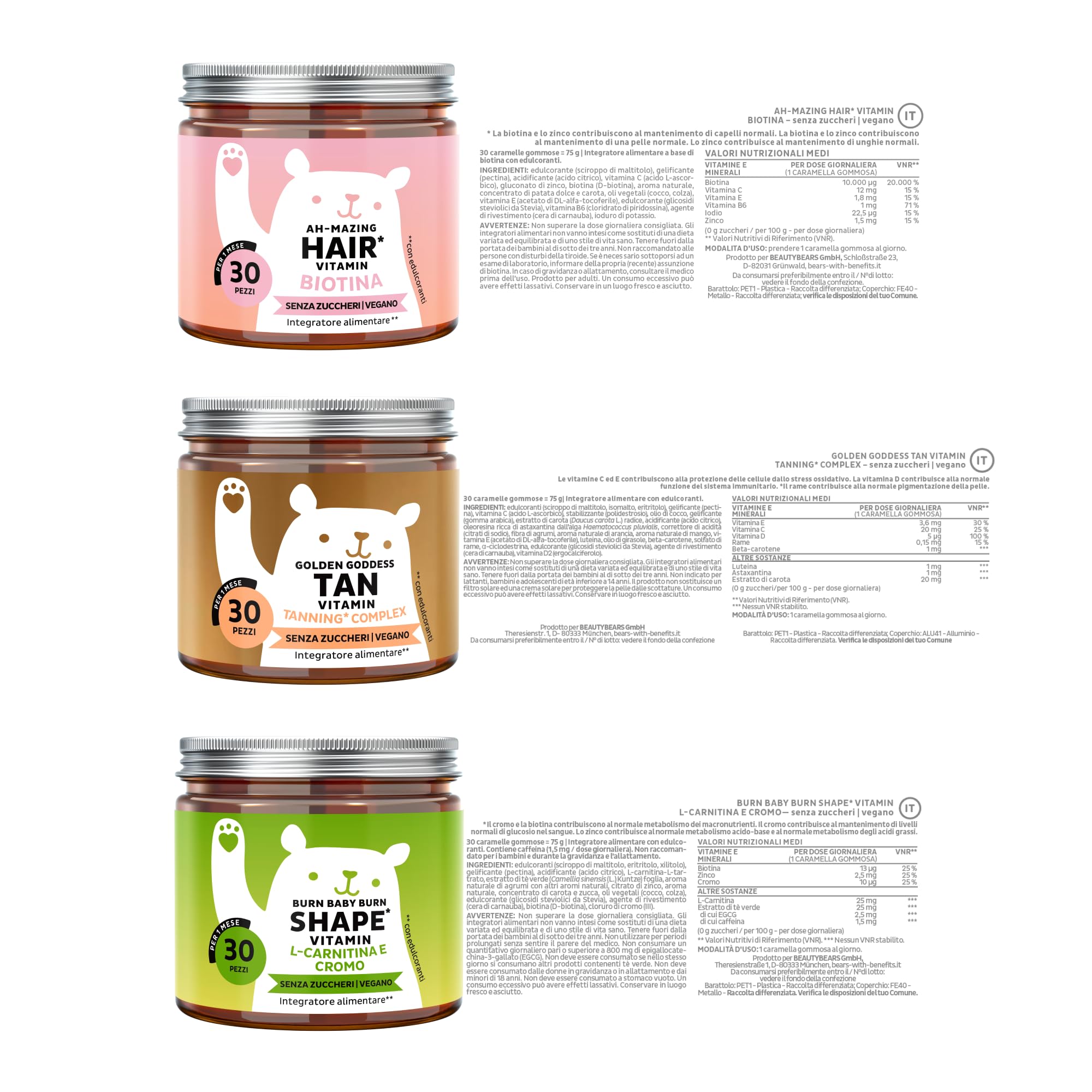 Bears with Benefits - Pack Trio per Capelli, Pelle e Linea - 3x30 pezzi | Pack Trio con Biotina per i Capelli, Rame per la Pelle e Cromo per il Metabolismo - Senza Zuccheri, Vegano