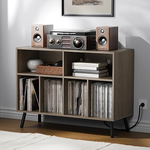 Miniatura 10 de Cozy Castle - Soporte para tocadiscos con gabinete de almacenamiento de vinilo, mesa para tocadiscos de madera con estante abierto, organizador de