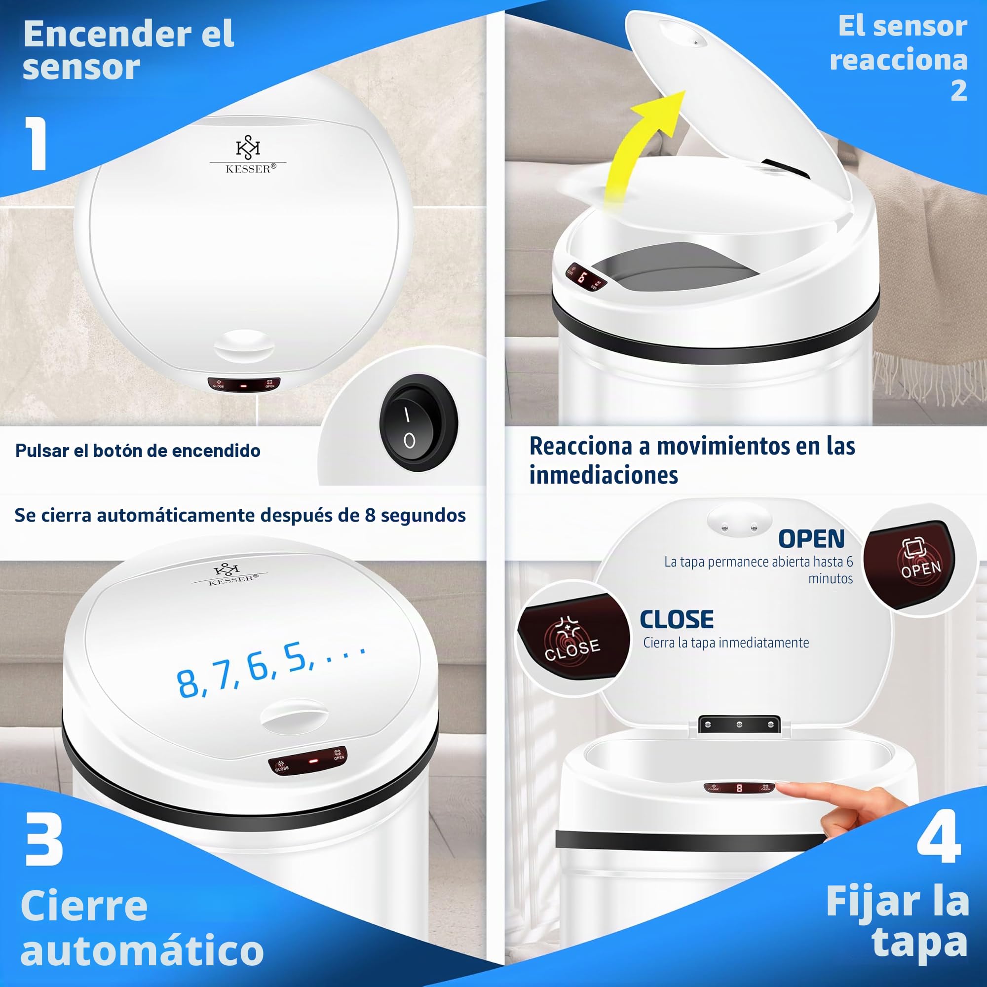 KESSER Cubo de basura automático con sensor de 40 litros – Cubo de basura eléctrico de acero inoxidable, apertura sin contacto, bajo nivel de ruido para cocina, baño, oficina, color blanco con soporte