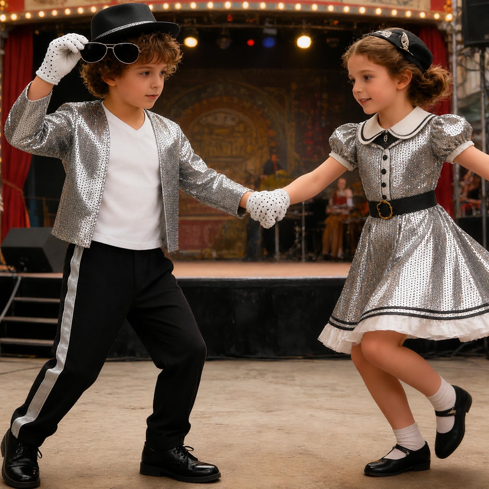 SINSEN Pop Star Costume for Kids 80s 90s Disco Outfit Sequin Jacket Pants Hat T-Shirt Gloves Sunglasses Necklace Fancy Dress Costume for Halloween Cosplay Party World Book Day 3-12 Years - Image 5
