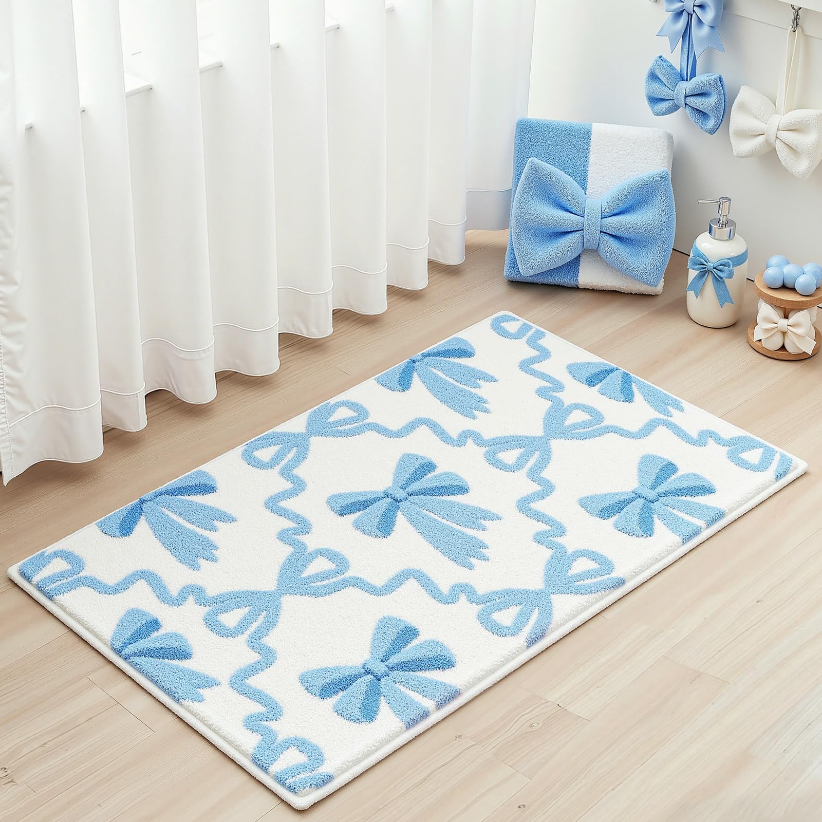 Lindameler Blue Bow Bathroom Rugs Coquette Cute Bath Mat Non Slip Absorbent Bow Bath Mat Washable 20x32 inch Blue Bathroom Mats for Front Door,