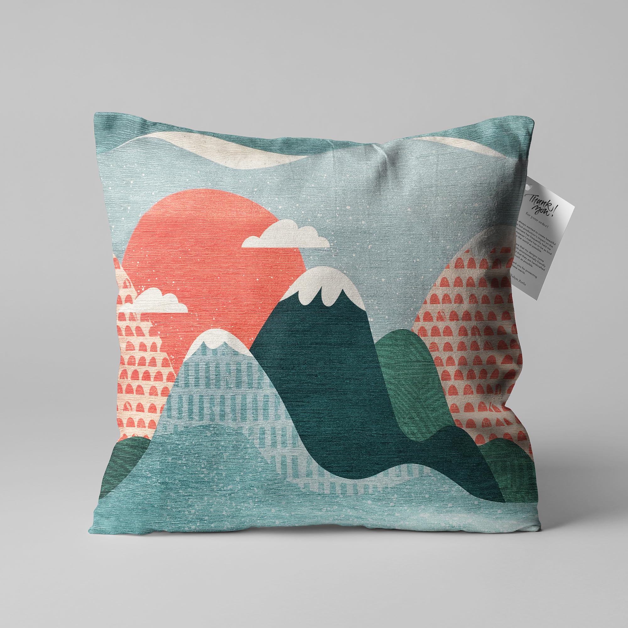 OyzShop Velvet Cushion Covers with Green Mountains and Clouds Themed | Double Sided Printing Pillow Cover on the Velvet with Multi Sizes, OEKO-TEX 45x45cm (18x18 Inches)