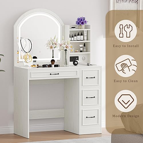 Miniatura 6 de Escritorio de tocador con espejo y luces, mesa de tocador de maquillaje con armario lateral, tocador de 4 cajones con parte superior de cristal,