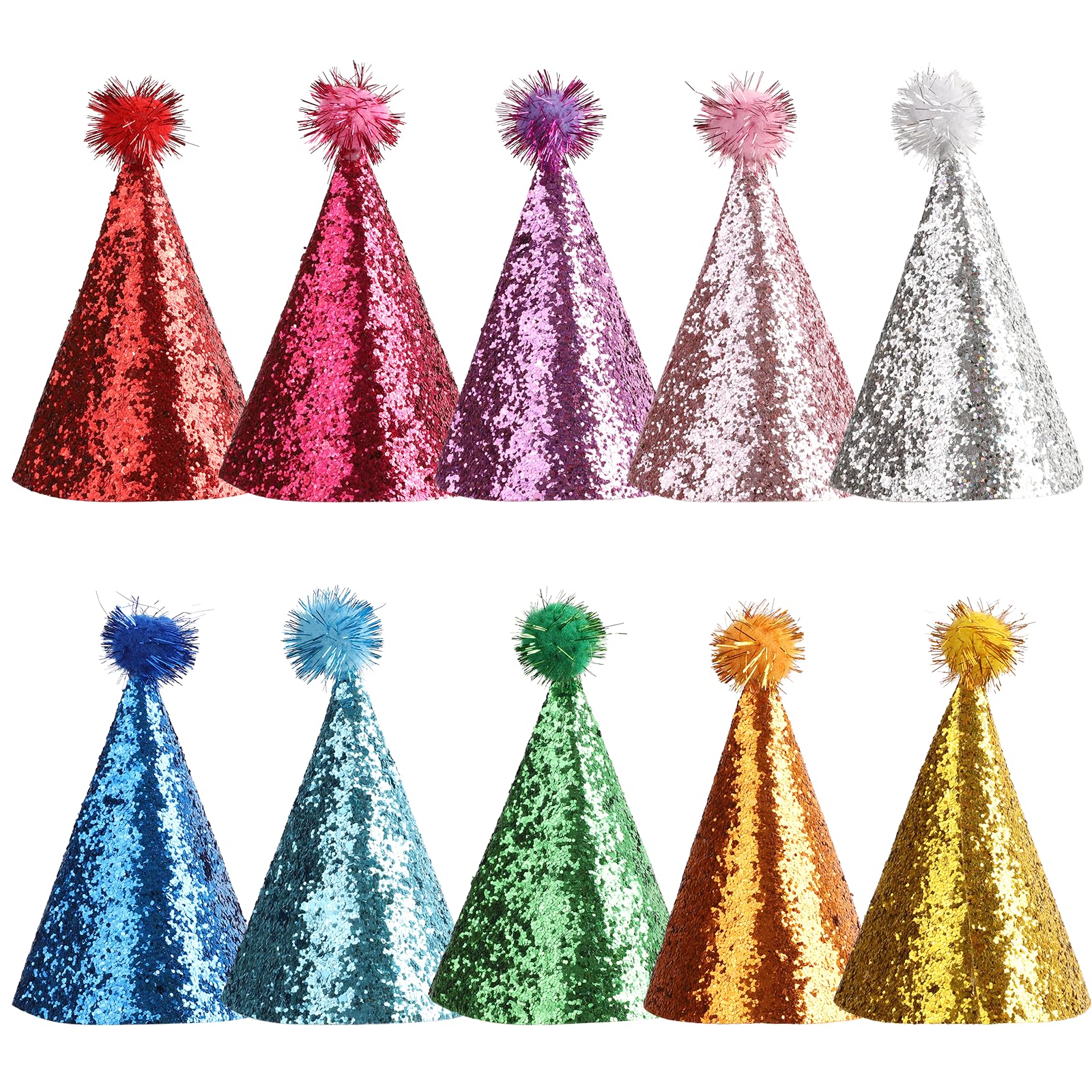 JESIFFY 10 Pcs Cone Party Hats with Adjustable Headband, Reusable Pom-pom Glitter Birthday Hat for Kids Adults Birthday Party Decorations Supplies