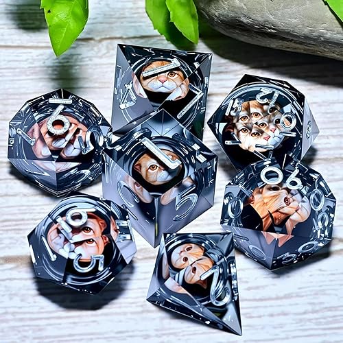 Miniatura 9 de Resin Cat Head DND Dice, Sharp Edge Dungeons and Dragons Polyhedron Game Dice Set for Role Playing Games RPG Explorer Magic, Holiday Birthday Gifts