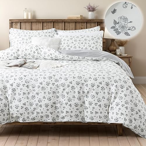 Miniatura 8 de FADFAY Juego de funda de edredón floral 100% algodón a rayas verdes y beige, ropa de cama de flores desgastadas con diseño de ramas botánicas