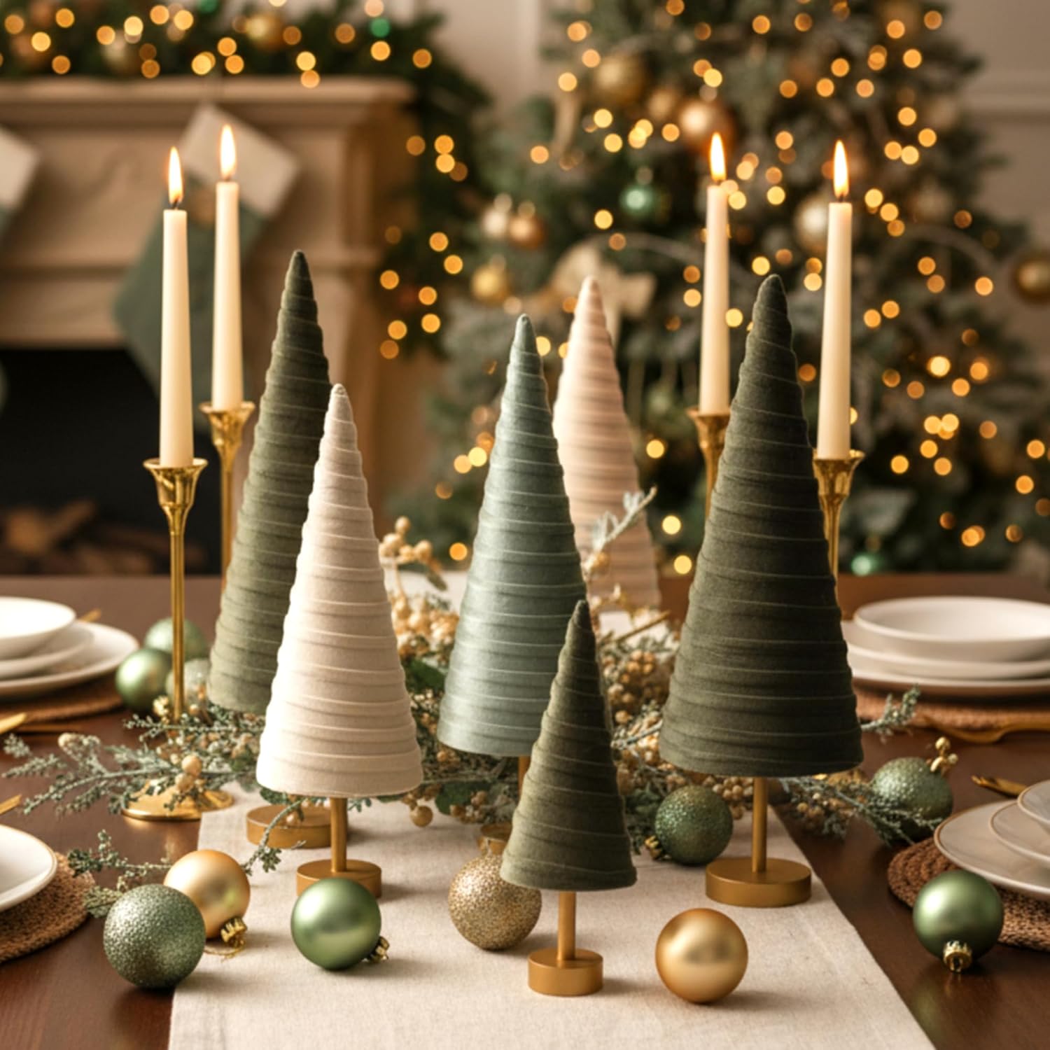 Hoolerry 6 Pcs Christmas Velvet Trees with Gold Pedestal Christmas Velvet Cones Tree Mantel Decor Modern Rustic Winter Home Minimalist for Holiday Entryway Table Wedding Centerpiece(Brown Green)