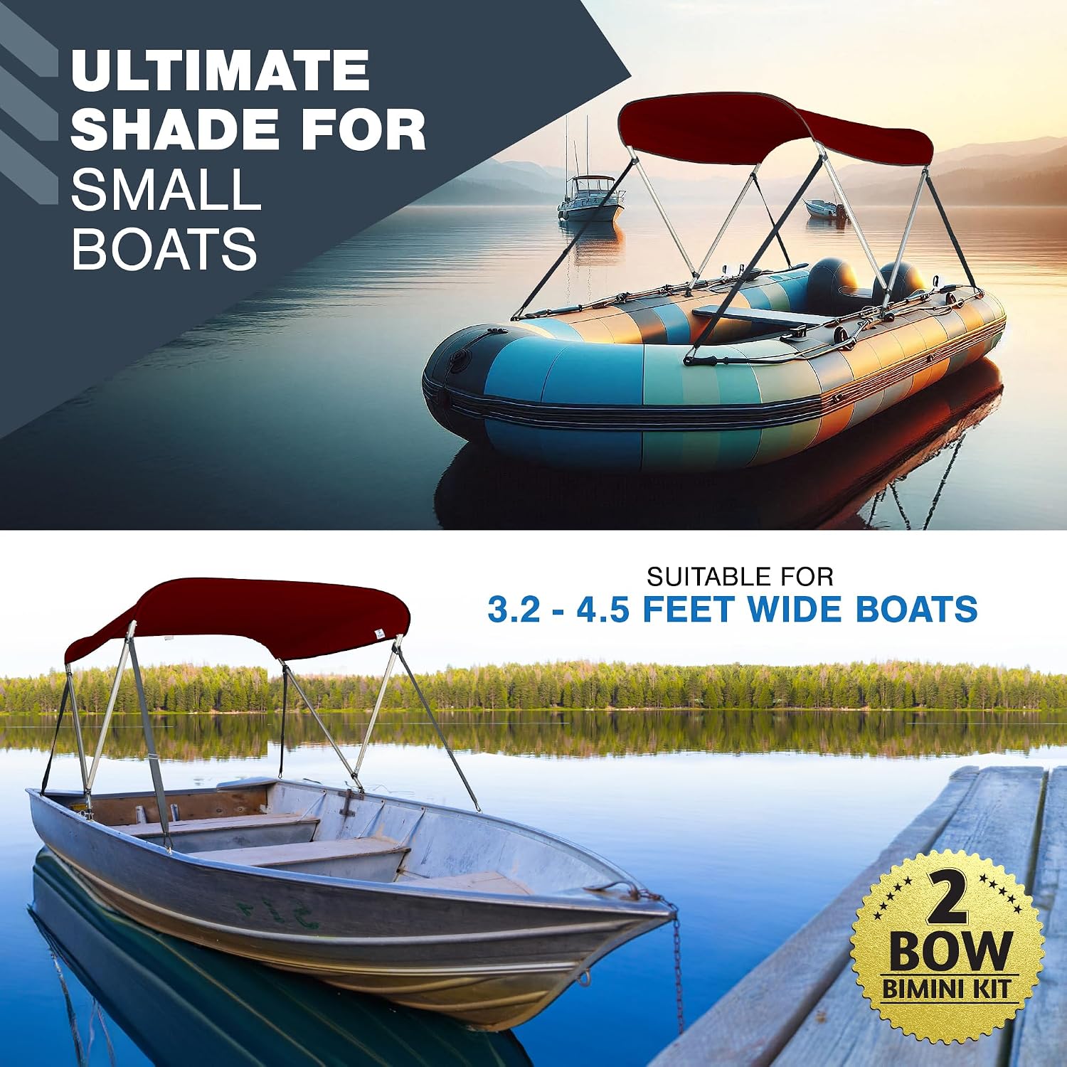 Universal 2 Bow Bimini Top Replacement Canvas, 900D Boat Canopy Sun Shade Cover with Storage Boot, Fits Most Small Boats & Inflatable Boats, No Frame Kit, 63" L x 39"-55" W (Burgundy)