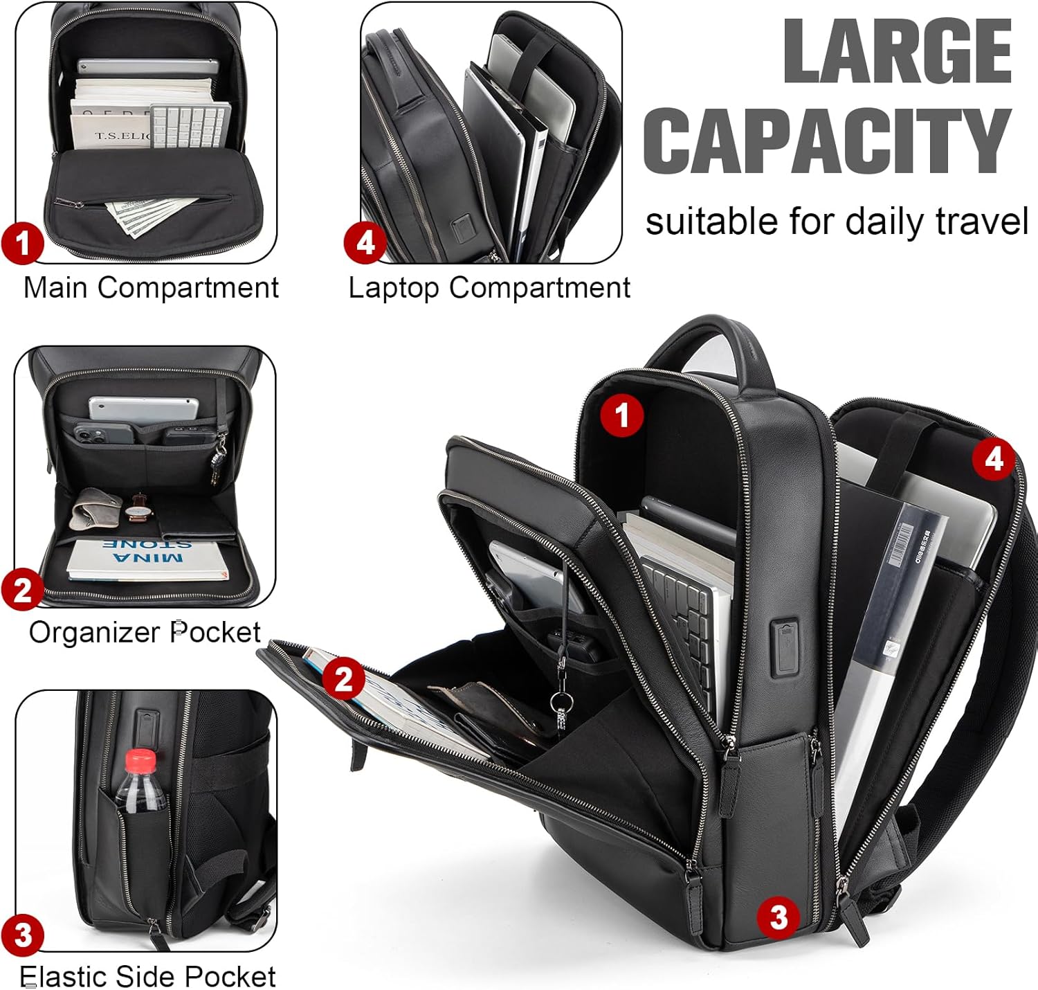 Tzowla Leather Laptop Backpack, Bag for Men and Women,Business Travel Work Rucksack Fits 15.6 Inch Laptop,Bookbag with USB and Type-C Charging Port-Black - Image 2