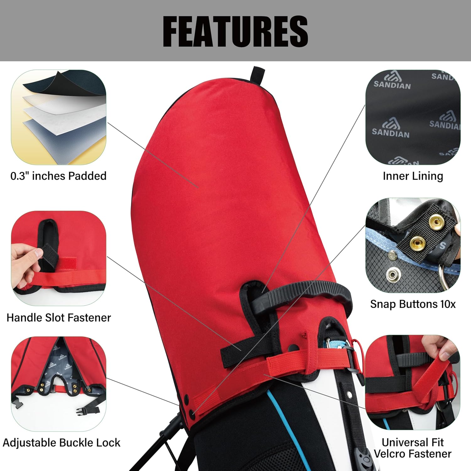 SANDIAN Golf Bag Rain Hood Cover, Waterproof 1260D Oxford Polyester, 12x20 Inches, Padded Protection, PU Coated, Two Sided Zipper, Adjustable Buckle Lock Fasteners, Snap Button Locking