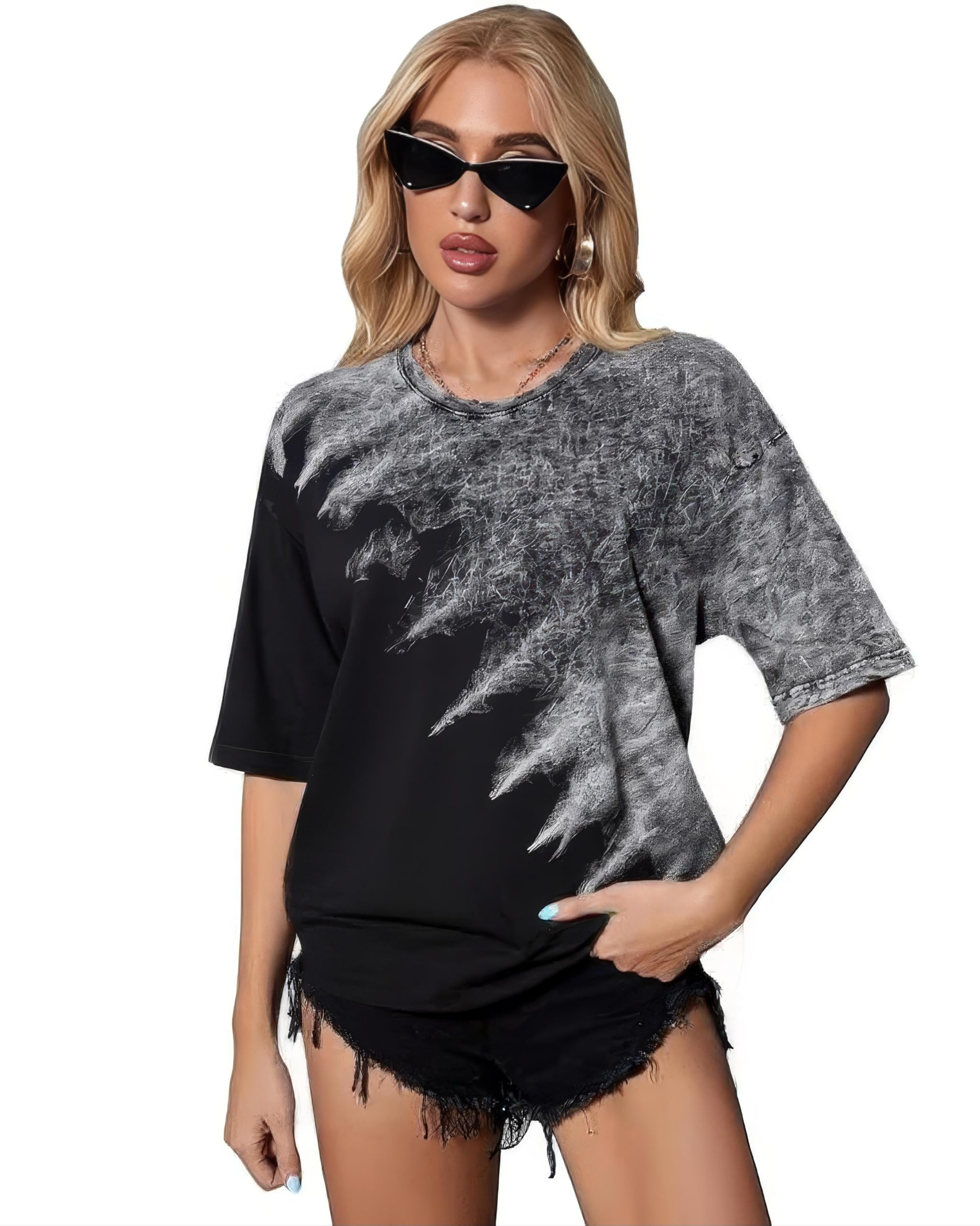 boffi ... Women's Casual Cotton T-Shirt Drop Shoulder Trendy Look Coton Acid Wash, Acid Wash Blue, Oversized Fit-picture-37