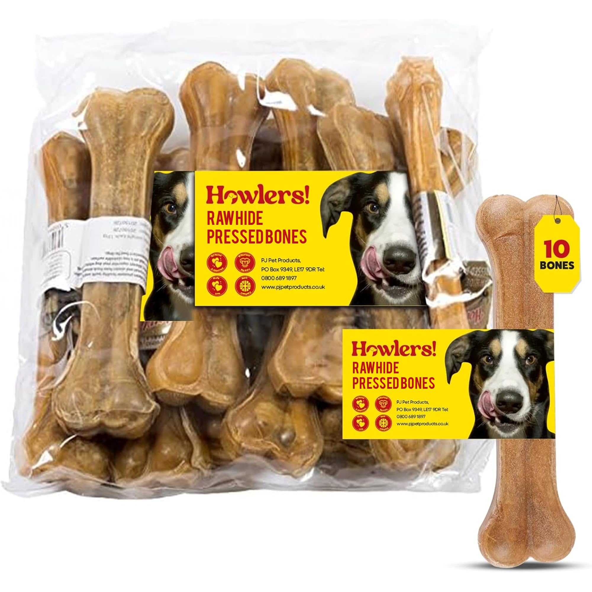 HOWLERS 10 Inch Pack of 10 Natural | Giant Pressed Dog Bone For Dogs | Dog Chews Long Lasting Natural Rawhide Bones | Dog Chew Great With Natural Ingredients