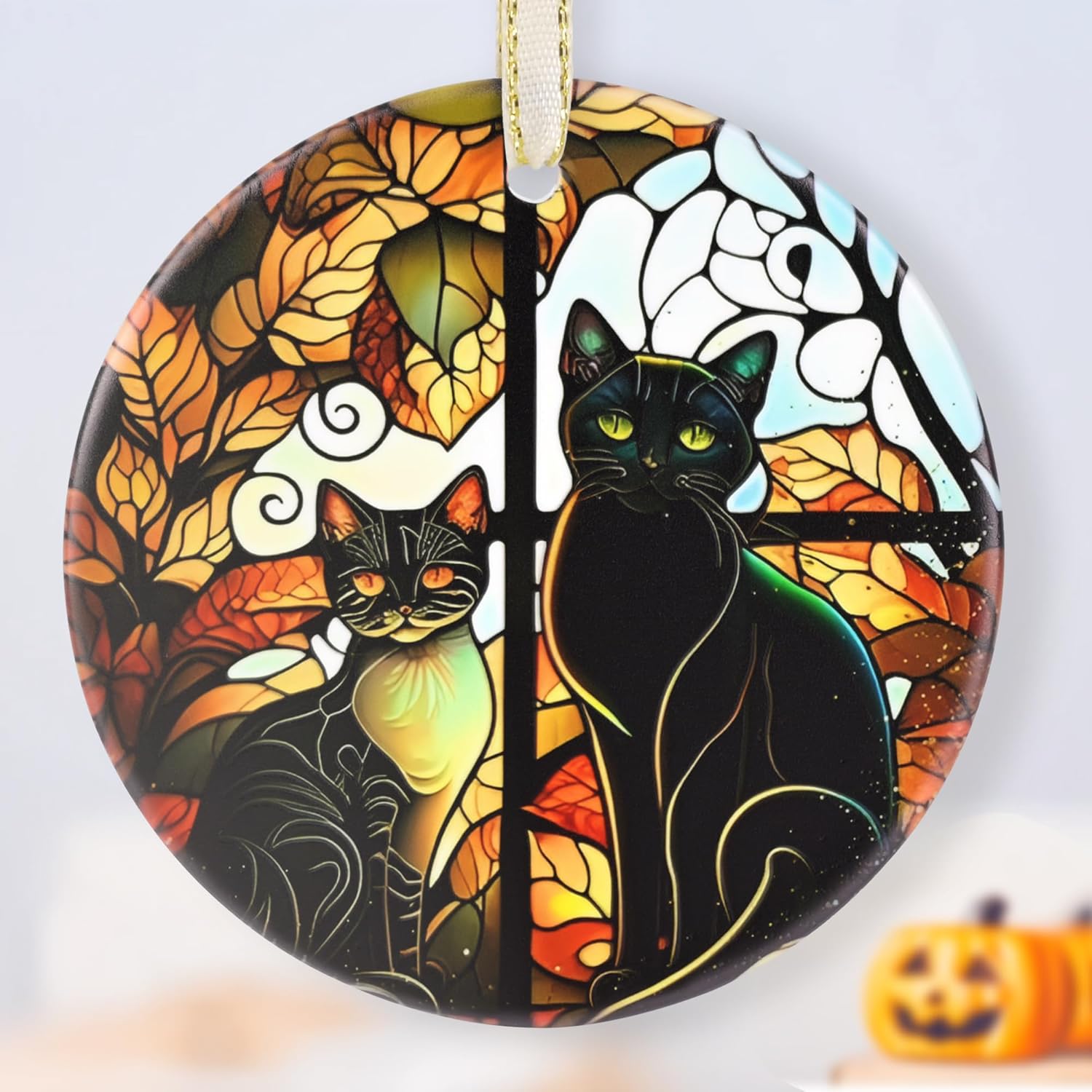 Stained Ceramic Black Cat Ornament, Black Cat Halloween