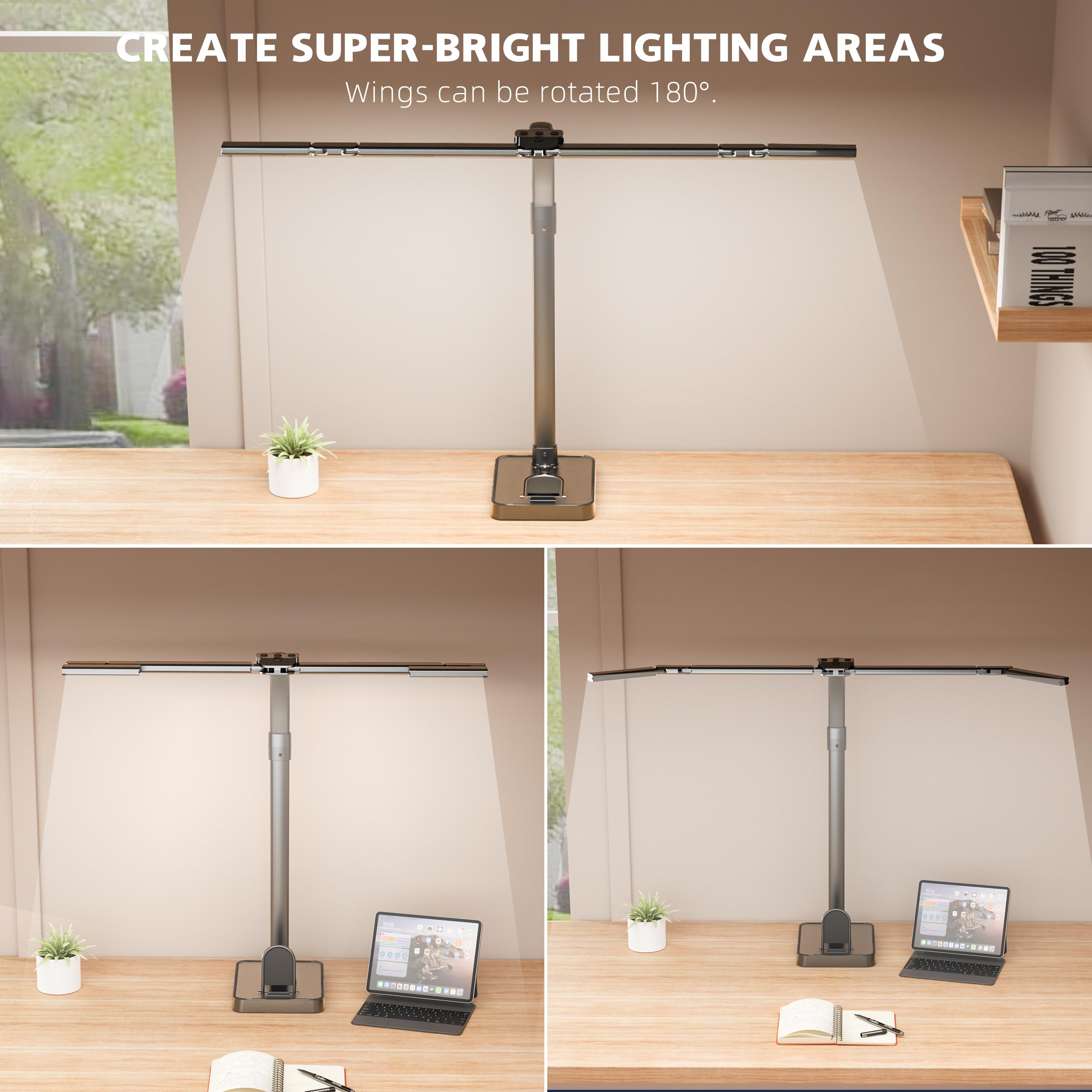 GAEFURY Schreibtischlampe LED Dimmbar, 24W 106CM Schreibtischlampe mit Einstellbare 4-Segment-Lichtleiste,1800LM Augenschutz Tageslichtlampe Schreibtisch mit Fernbedienung,Büro Tischlampe