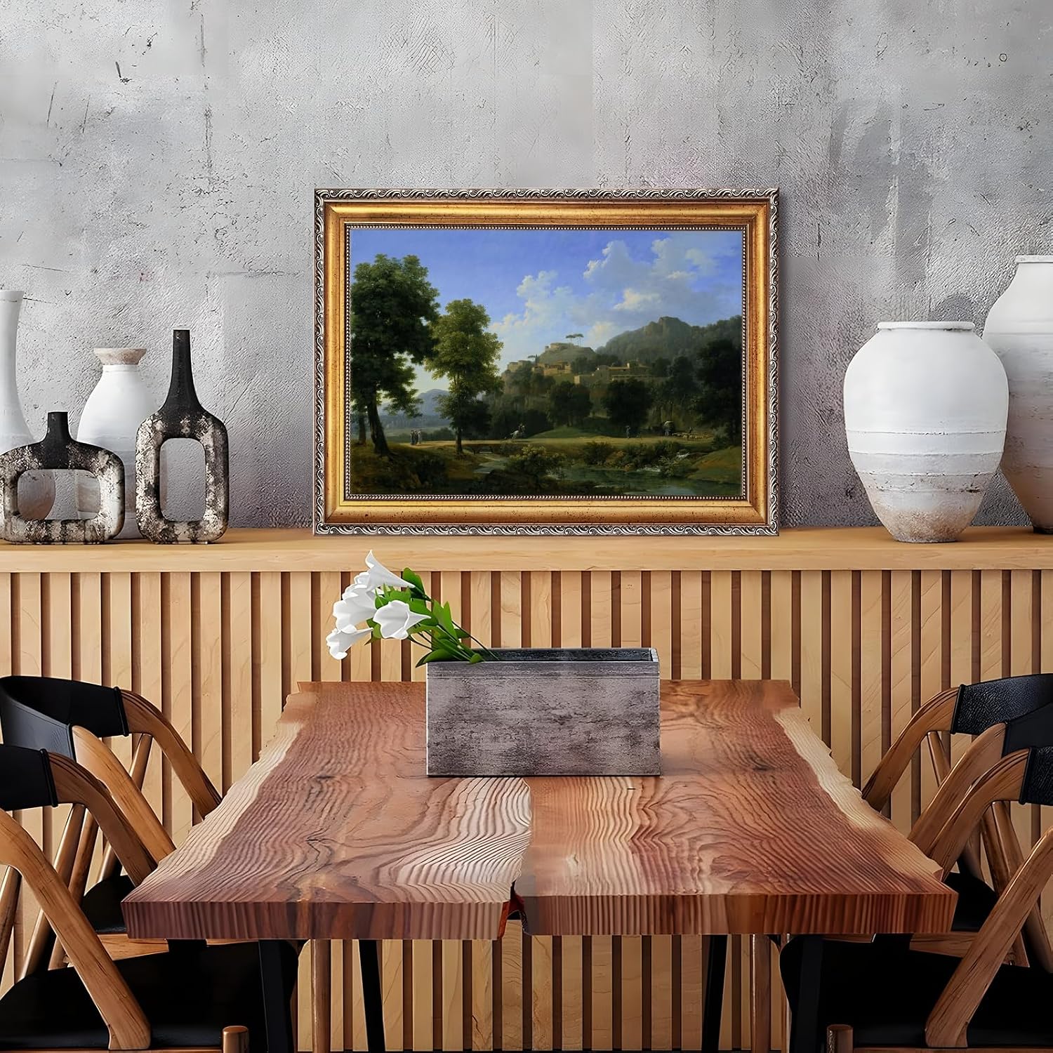 PMKXFGK Large Framed Wall Art Landscape with Figures Poster Canvas Print Vintage Rustic Scenery Pictures Wall Decor Exquisite Home Aesthetics Painting for Living Room Apartment 24x36inch Golden Frame