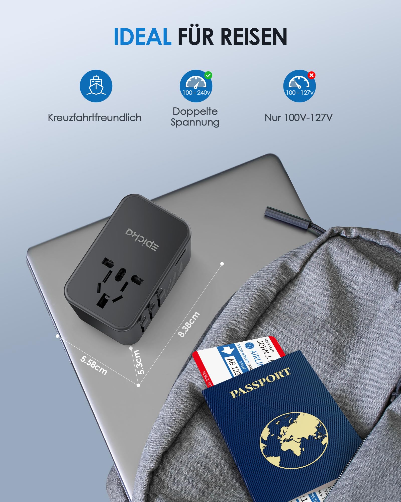 EPICKA GaN Adapter Podróżny, 75W PD Adapter Podróżny do Szybkiego Ladowania, Uniwersalna Adapter z 3 USB-C, 2 USB-A, Międzynarodowy Adapter do Gniazda do DE USA, UK, Japonii, Tajlandii