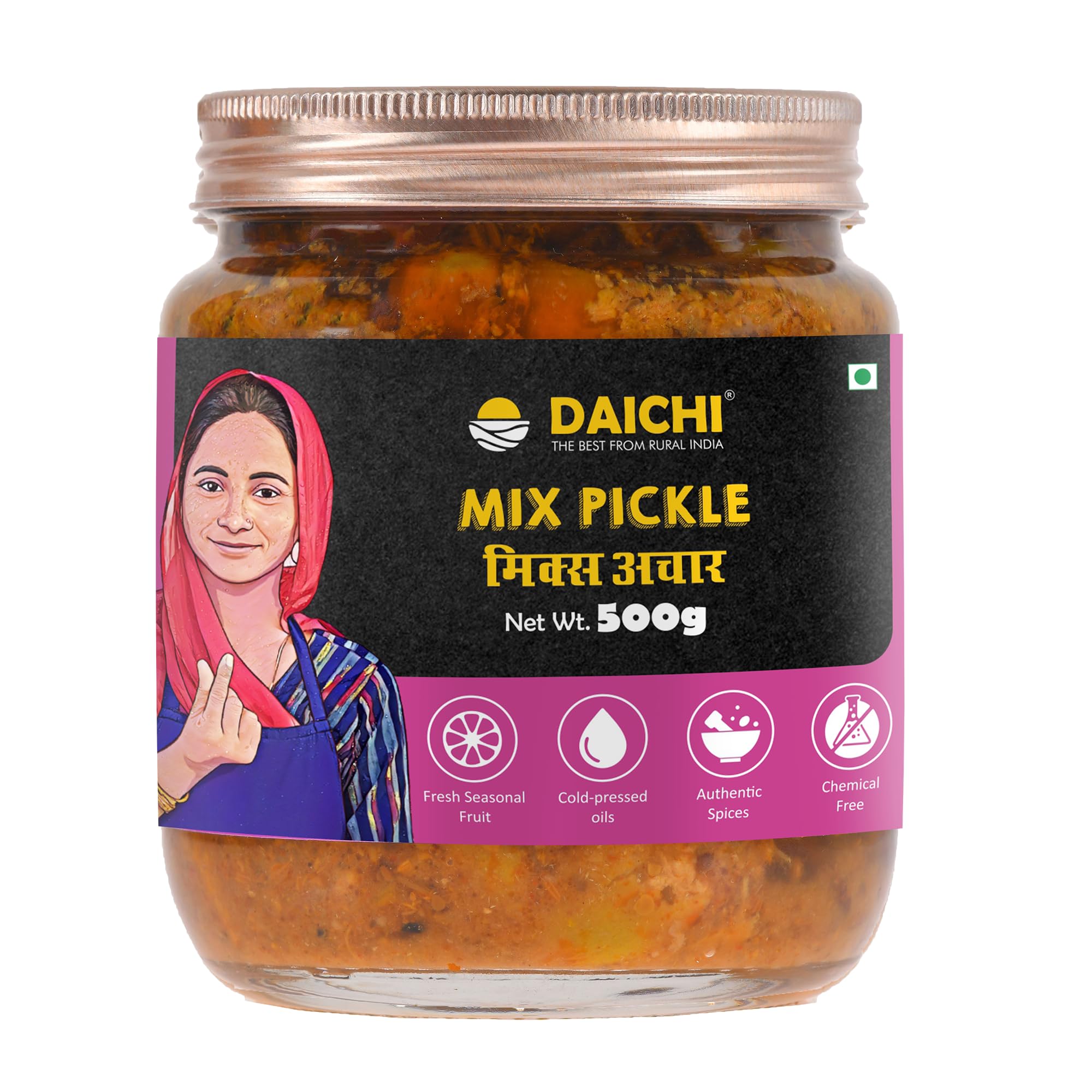Daichi - Mixed Pickle | Crafted with love by women artisans | Sun cured | Cold-pressed mustard oil | In-house spices | No Preservatives 500gm (Pack of 1)