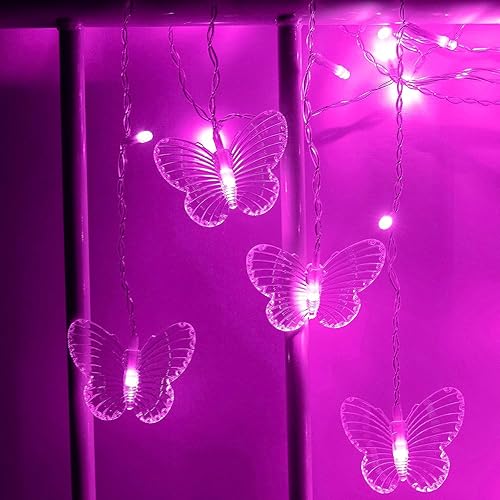 Vista 12 de Butterfly Curtain Lights 13ft 96 LED Twinkle Fairy Lights 8 Modes String Lights with Remote, Butterfly Hanging Decoration for Bedroom Dorm Wall