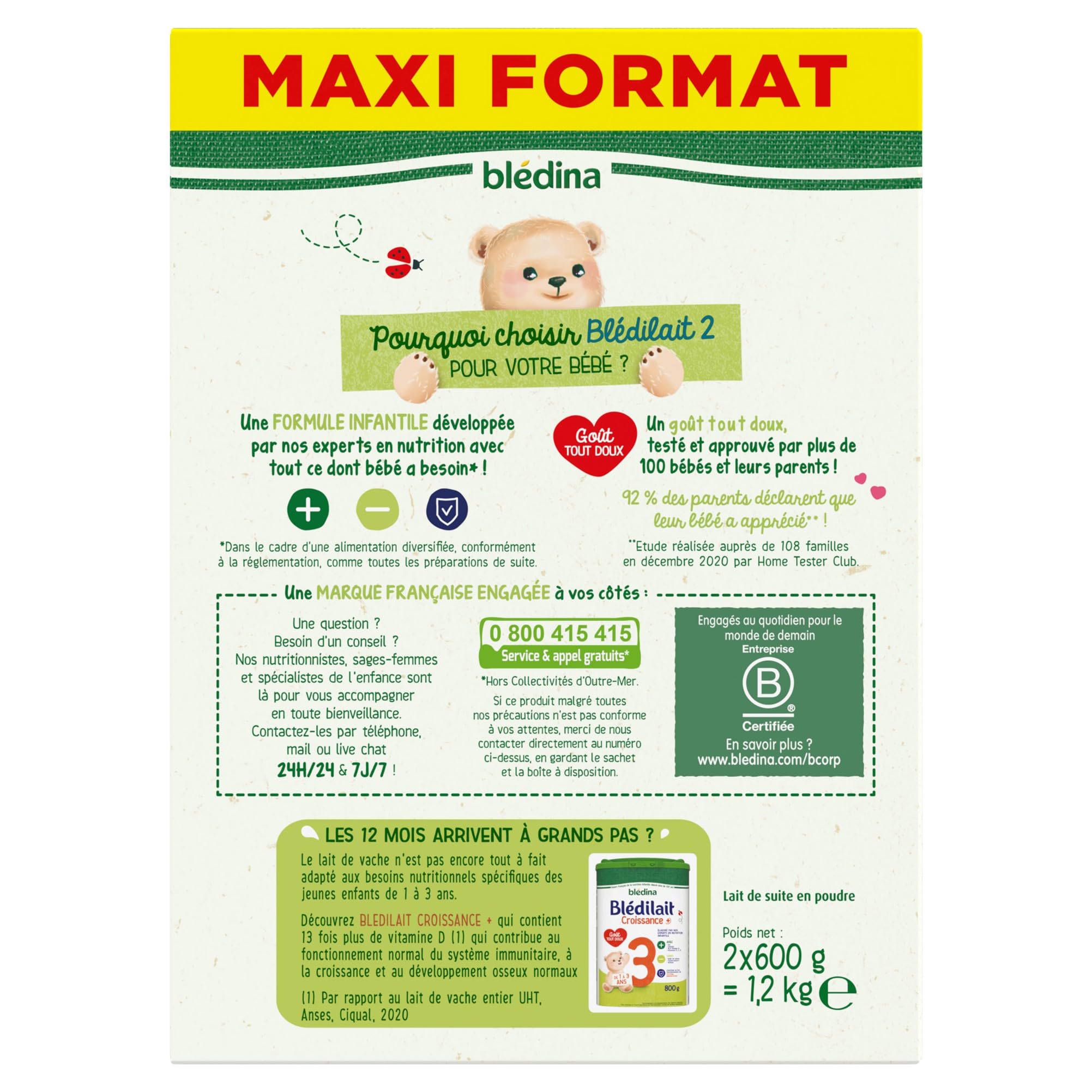 Blédina Blédilait 2, Lait en Poudre pour Bébé, De 6 Mois à 12 Mois, 1,2kg (Boîtex3)