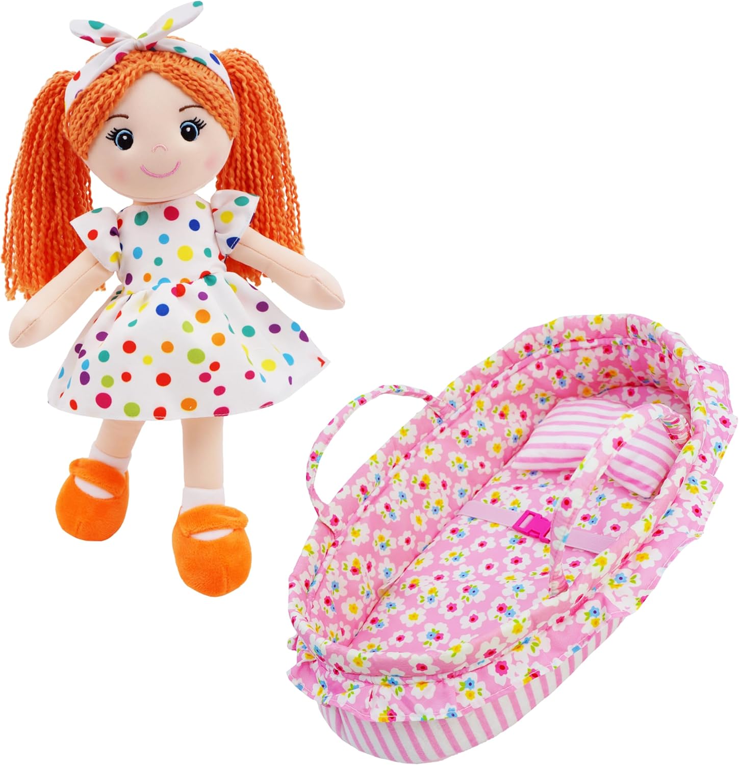 June Garden 2 Pcs Soft Doll Playset Bundle - Includes 14“ Snuggle Cuties Bella and Cozy Dream Pink Doll Bassinet