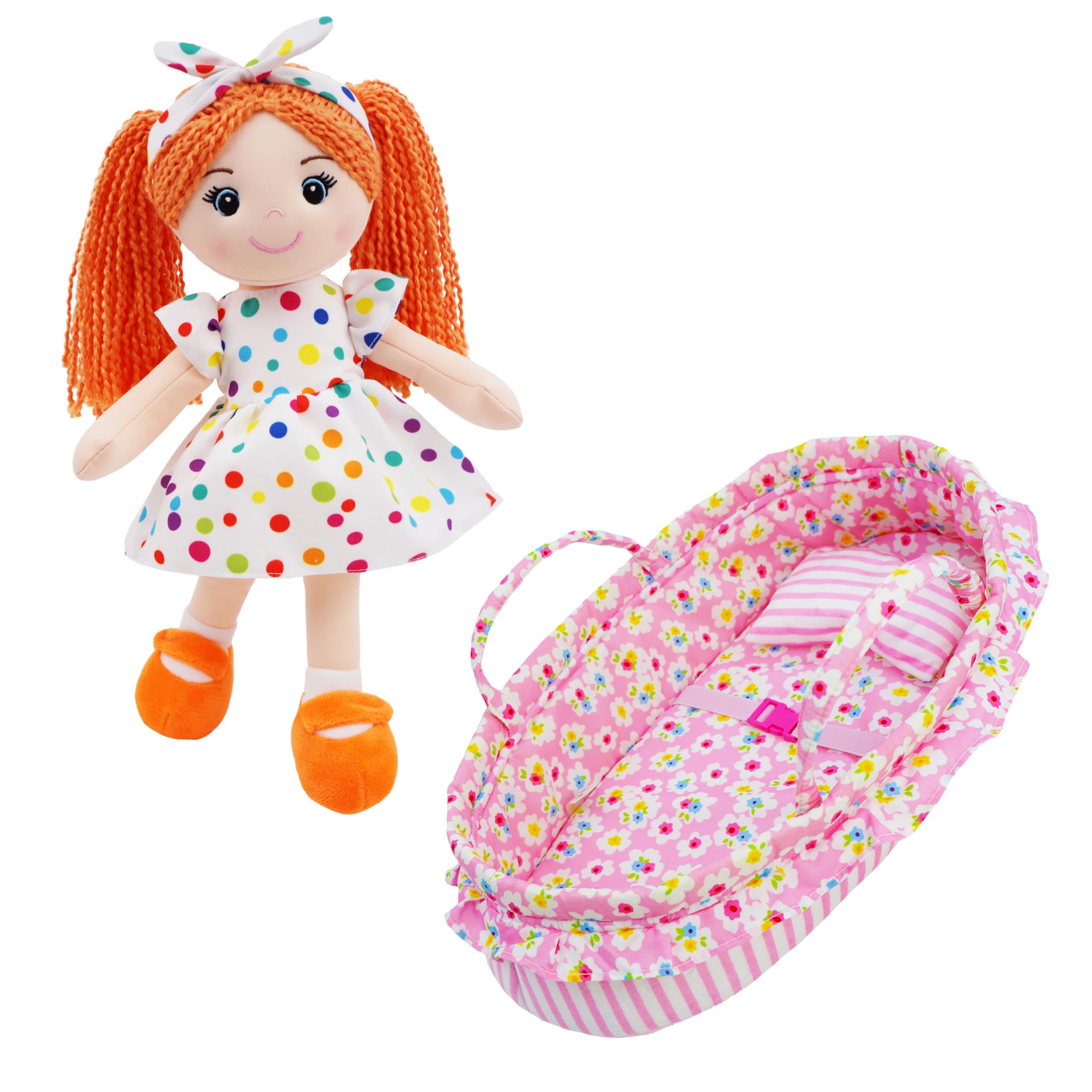 June Garden 2 Pcs Soft Doll Playset Bundle - Includes 14“ Snuggle Cuties Bella and Cozy Dream Pink Doll Bassinet