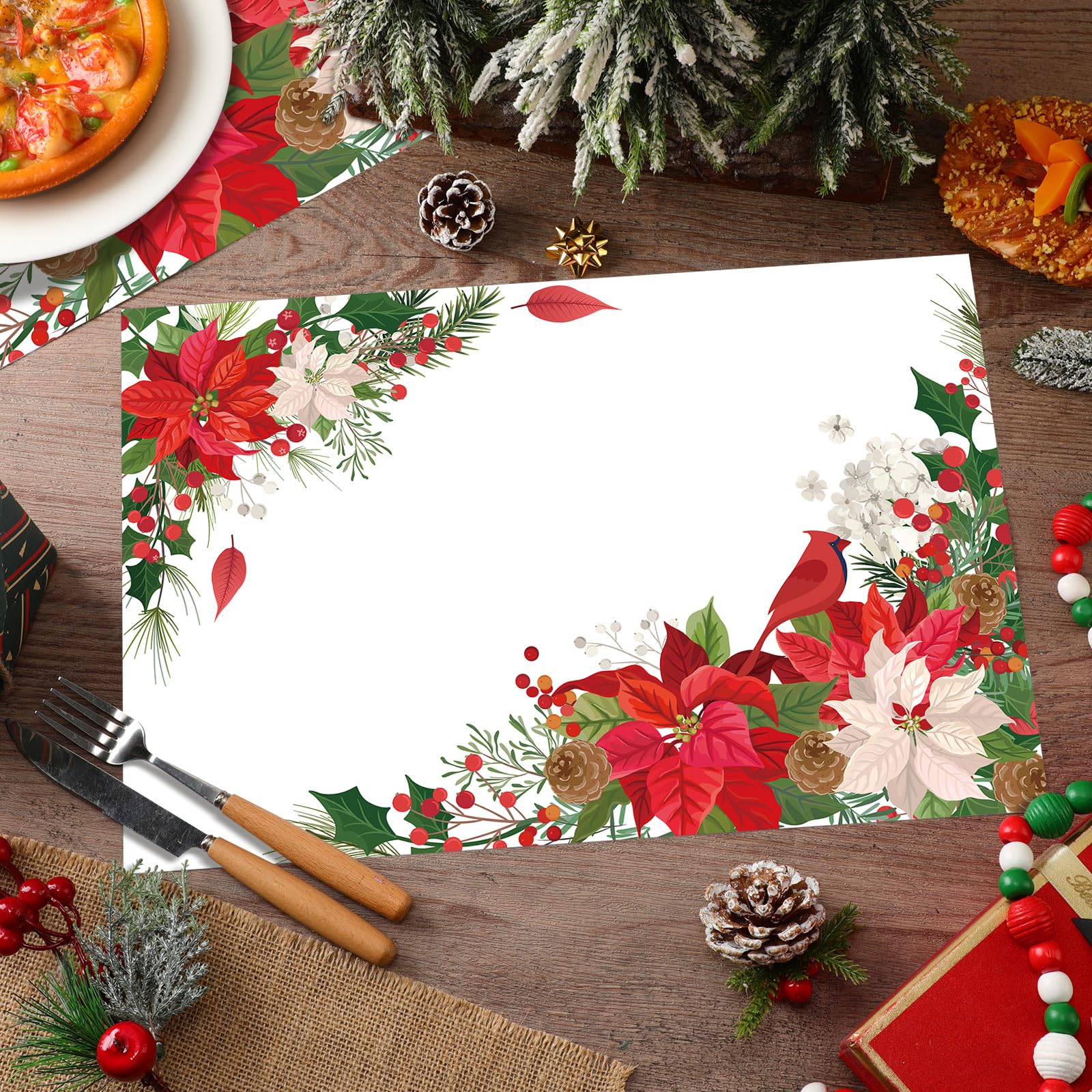 Geetery Paquete de 100 manteles individuales de papel desechables de Navidad, a granel, manteles individuales de papel para mesa de cena, celebración de Navidad, decoración de fiesta de acebo de