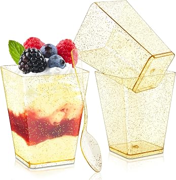 5 oz Gold Glitter Mini Dessert Cups with Spoons, 50 Pack