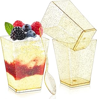 Qeirudu 5 oz Gold Glitter Mini Dessert Cups with Spoons - 50 Pack Plastic Parfait Cups Square Dessert Shooter Cups for Party Serving Pudding Cheesecake Mousse Jello