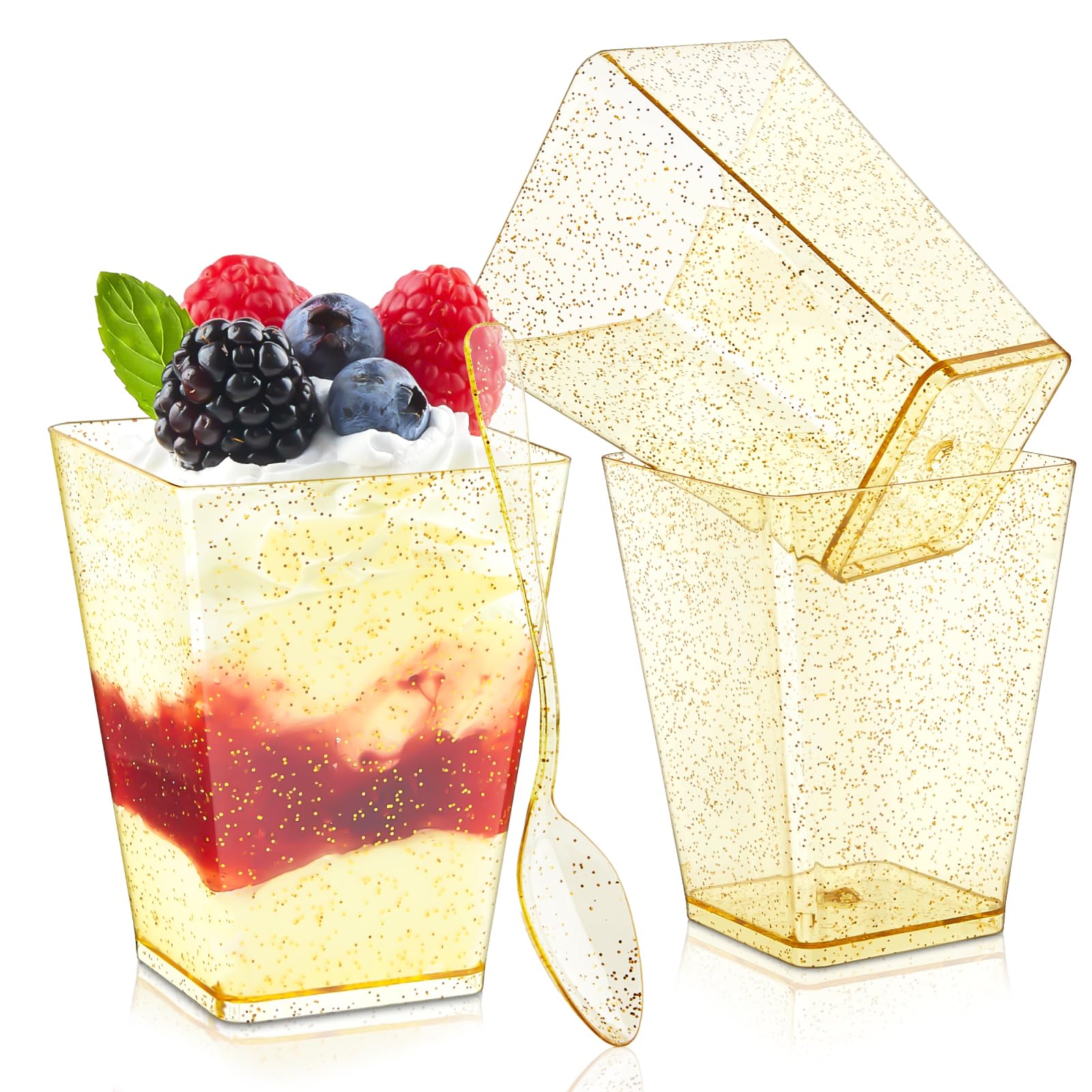Qeirudu 5 oz Gold Glitter Mini Dessert Cups with Spoons - 50 Pack Plastic Parfait Cups Square Dessert Shooter Cups for Party Serving Pudding Cheesecake Mousse Jello