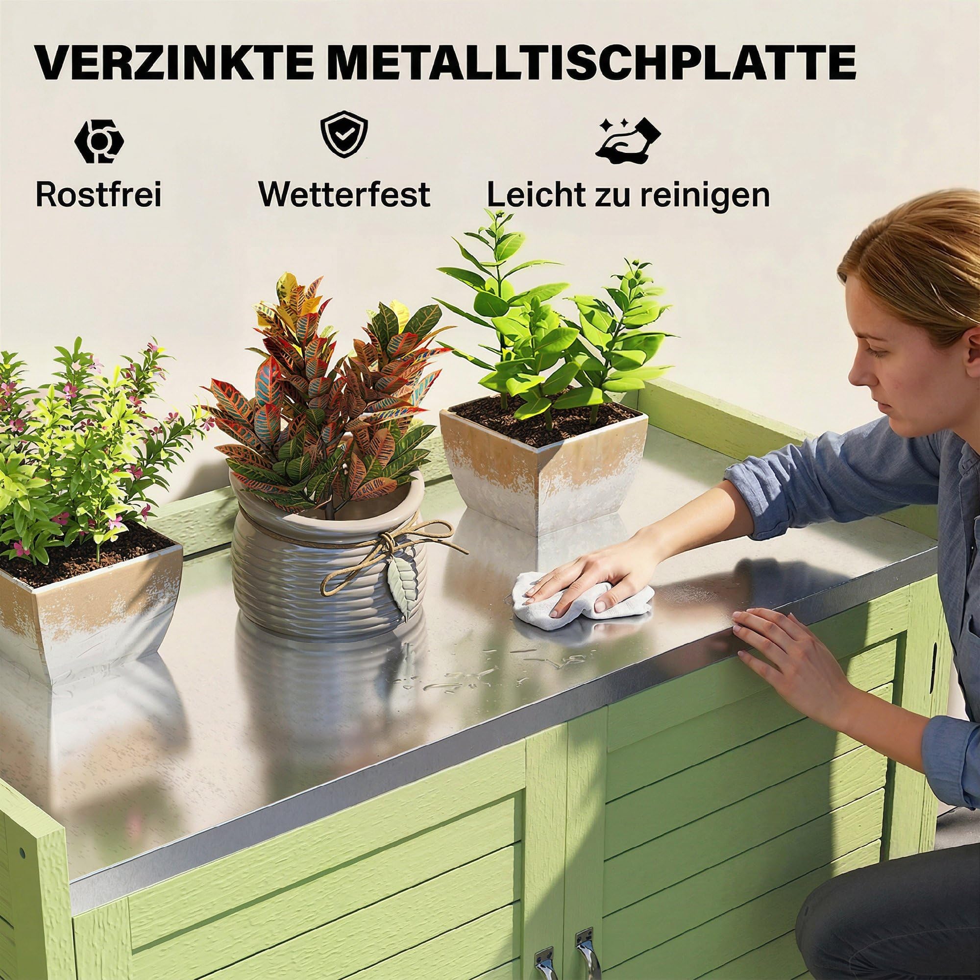 Outsunny Pflanztisch mit Unterschrank aus Holz Outdoor Gartenschrank mit verzinkter Arbeitsplatte 3 Regalböden Doppeltüren wetterfest Gärtnertisch für Garten Balkon Terrasse 88 x 40 x 70,5 cm, Grün