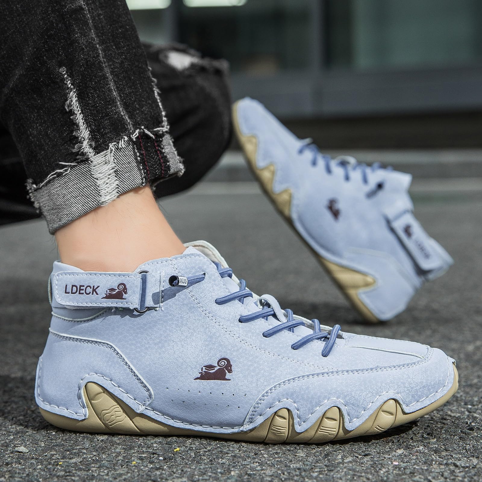 Stivali alti italiani fatti a mano da uomo Scarpe minimaliste da esterno Beck Scarpe casual traspiranti antiscivolo a piedi nudi per passeggiate Escursionismo Guida stivali Chukka(Light blue,39 EU)
