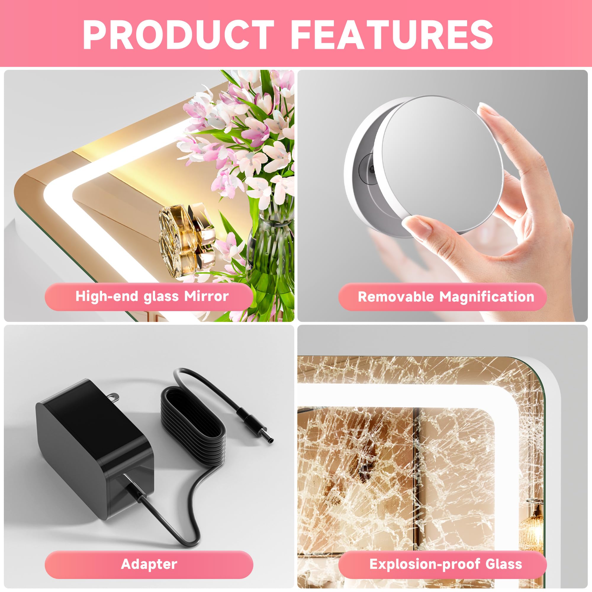 Kosmetikspiegel mit Lichtern, 58,4 x 45,7 cm, LED-Make-up-Spiegel mit 10-facher Vergrößerung, dimmbar, 3 Modi, Speicherfunktion, Smart Touch, USB-Ladeanschluss, beleuchteter Make-up-Spiegel