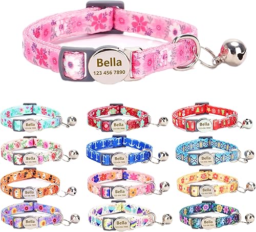 Moonpet Collar de gato personalizado con nombre de identificación, placa de número de teléfono, patrón floral grabado personalizado, collar de