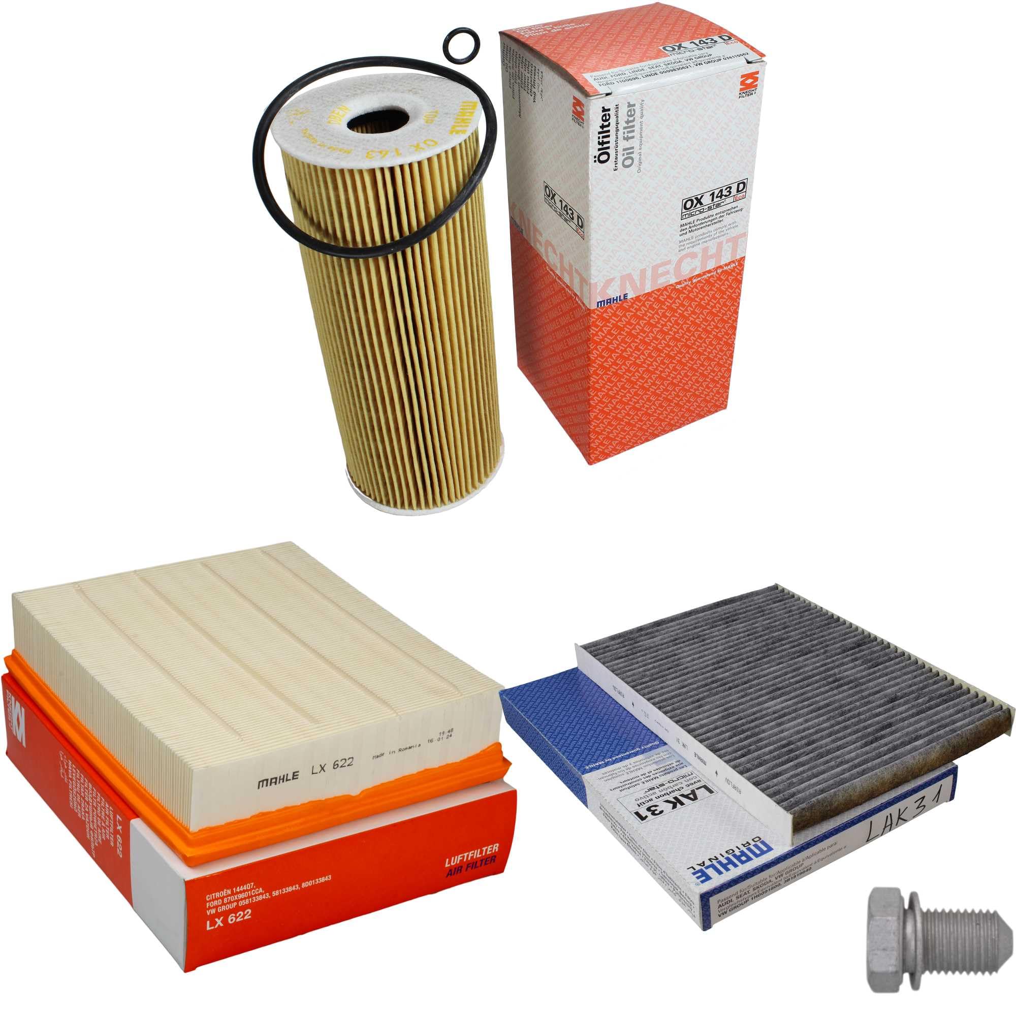 Paquete de inspección Kit de mantenimiento con filtro de aceite OX 143D, filtro de aire LX 622, filtro de habitáculo (carbón activado) LAK 31, tornillo de cierre