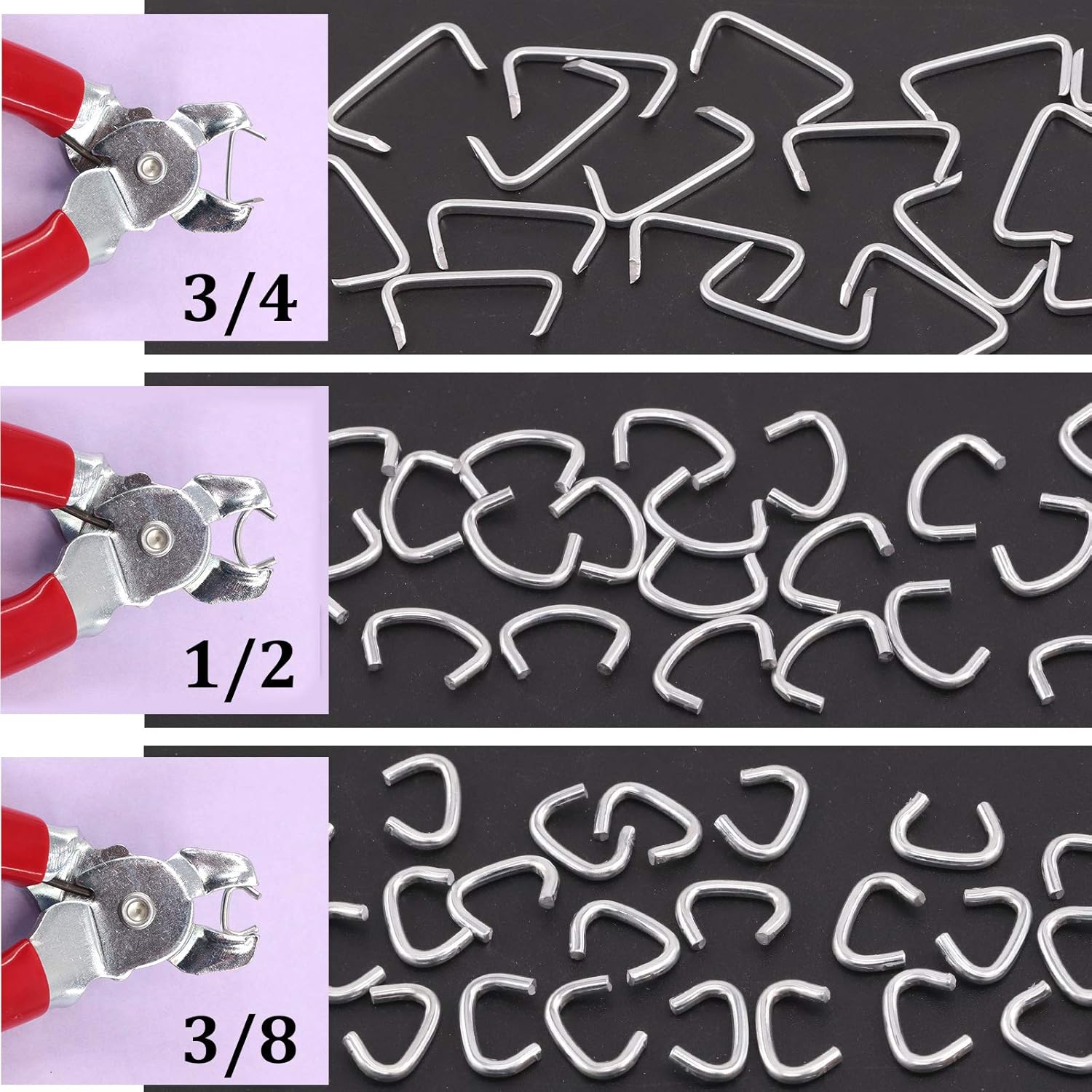 Swpeet 720Pcs 3/4" 1/2" 3/8" Galvanized Hog Rings with Straight and Angled Hog Ring Pliers Assortment Kit, Professional Upholstery Hog Rings Installation Kit for Bungee Shock, Cords