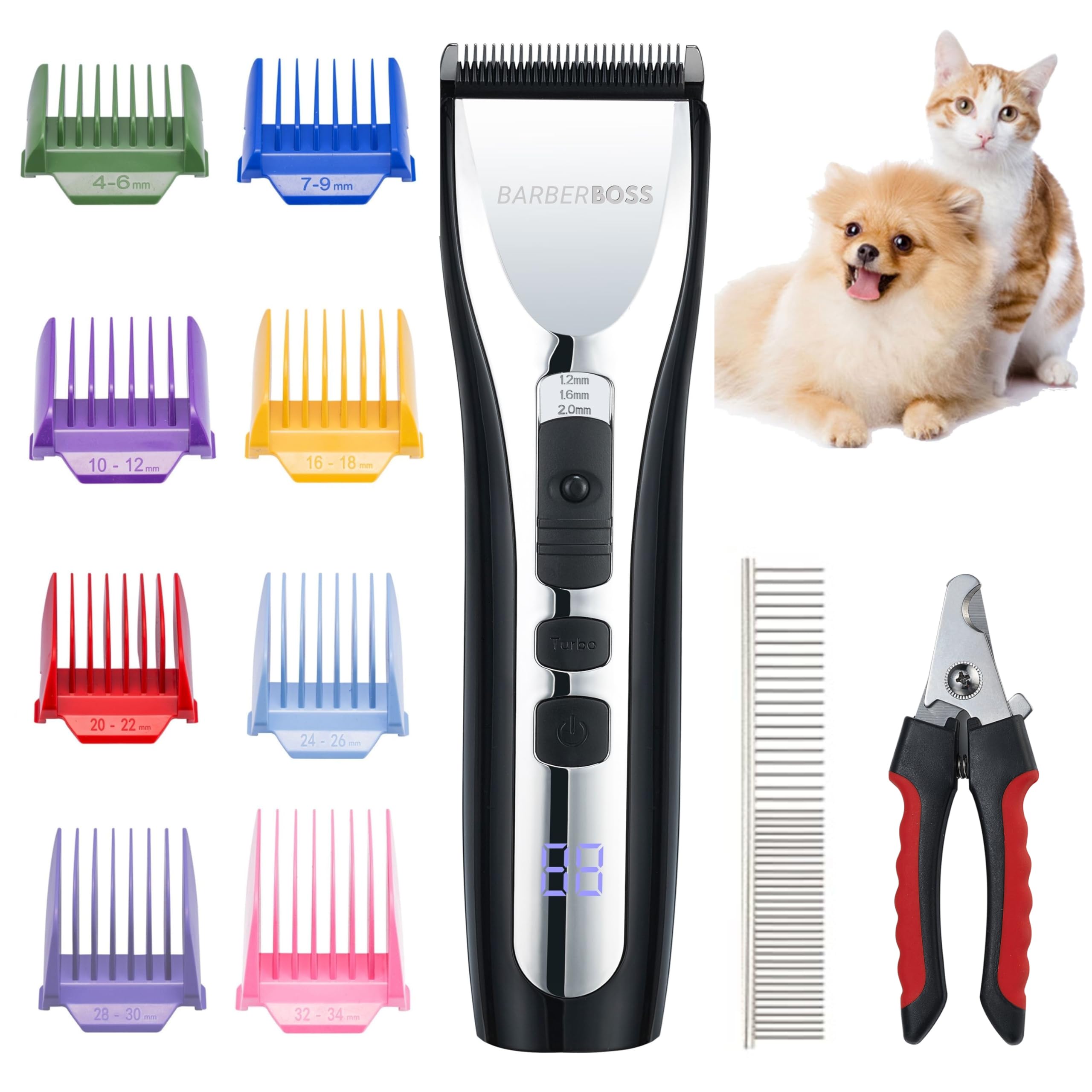 BarberBoss Pet Grooming Kit, Cordless Low-Noise Trimmer for Thick Coats, Matted Fur, Rechargeable Dog Grooming Clippers, Dog Paw Trimmer, Pet Grooming Set