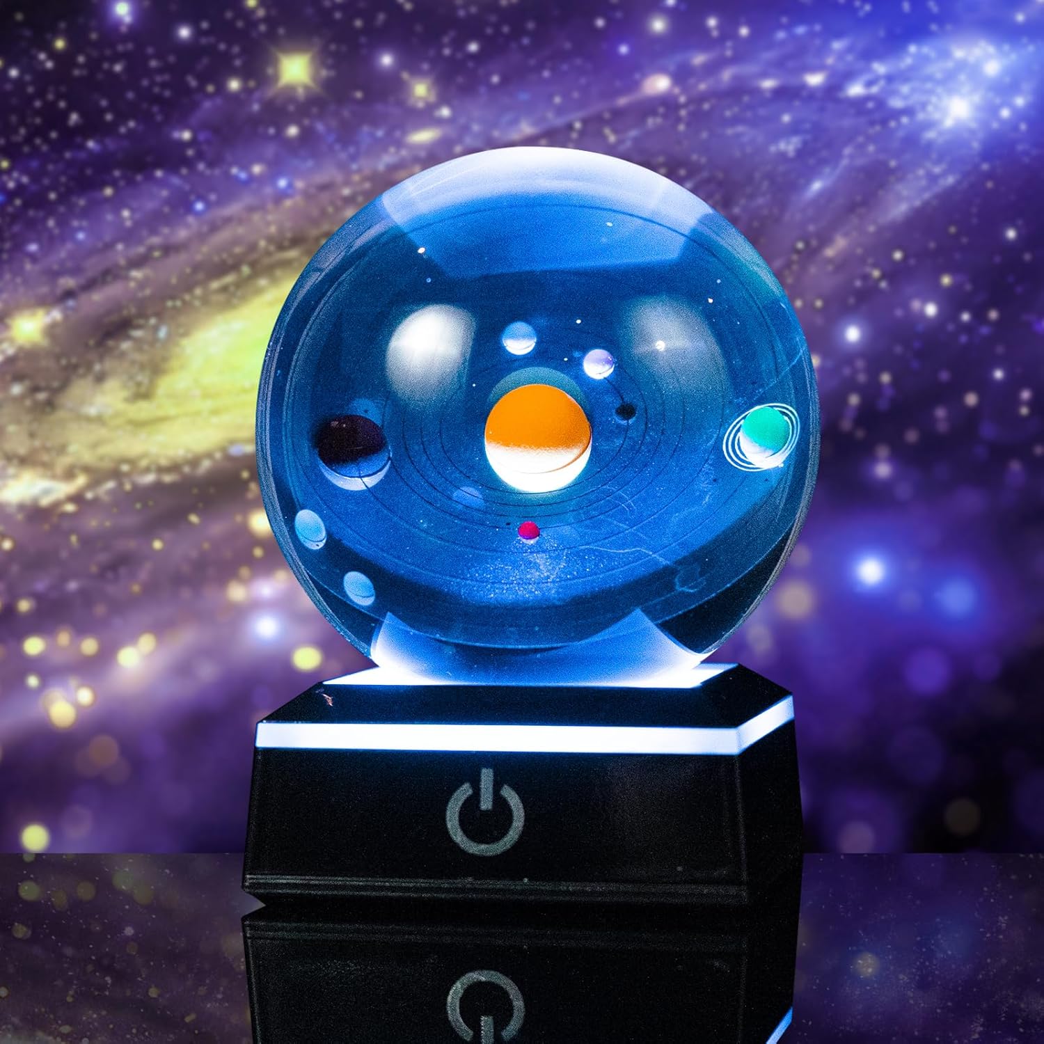 3D Solar System Crystal Ball Night Light, 3.15 Inch 80mm Glass Sphere with 4-Color LED Base, Astronomy Space Galaxy Decor, Birthday Gifts for Men Dad Teacher Kids Astronomy Lovers (black base)