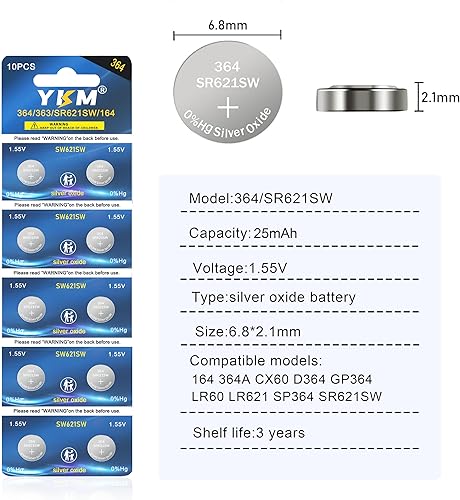 Miniatura 2 de YKM Paquete de 10 baterías de reloj 364 363 SR621SW 164 AG1 V364 para juegos, control remoto, calculadora, báscula de juguete, batería de botón no