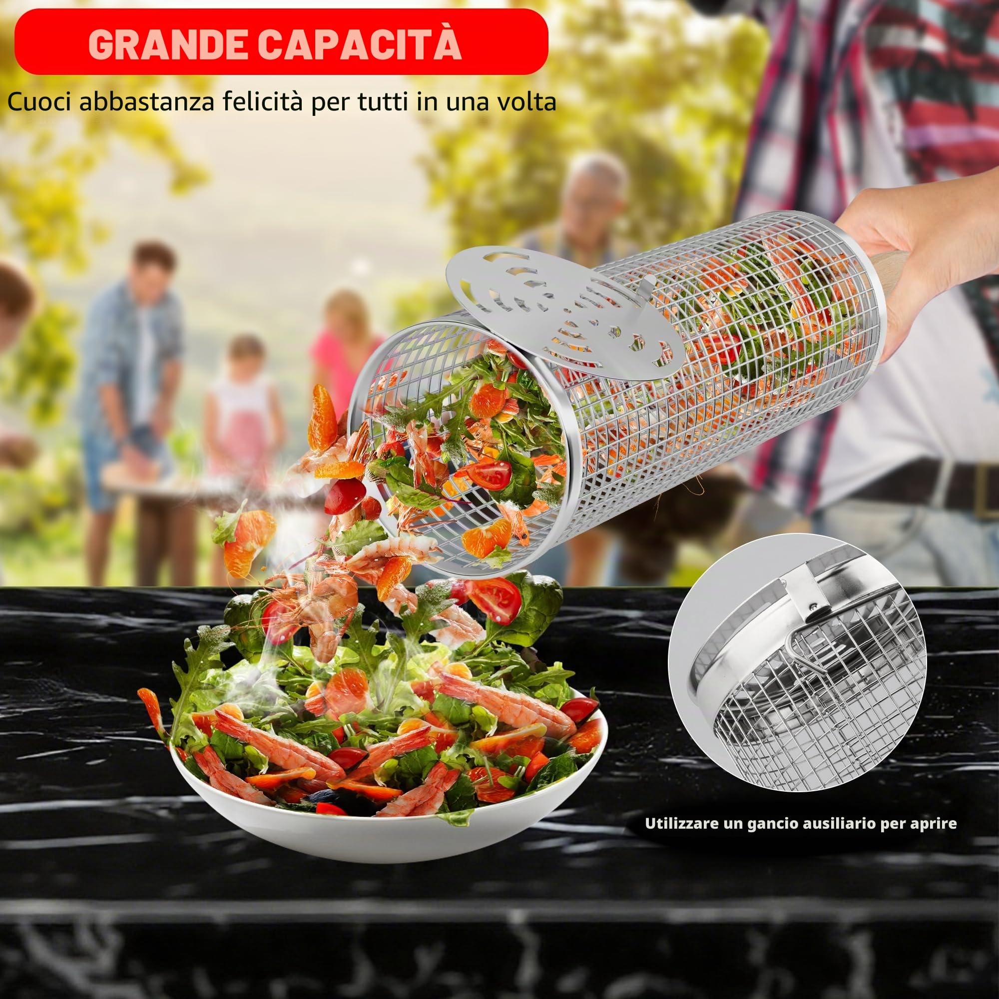 Cestelli per Barbecue in Acciaio Inossidabile Accessori Barbecue (2PCS), Manico in Legno Rimovibile, per Verdure Carne Cibo di Mare, Regali di Compleanno per Uomini, Papà, Marito