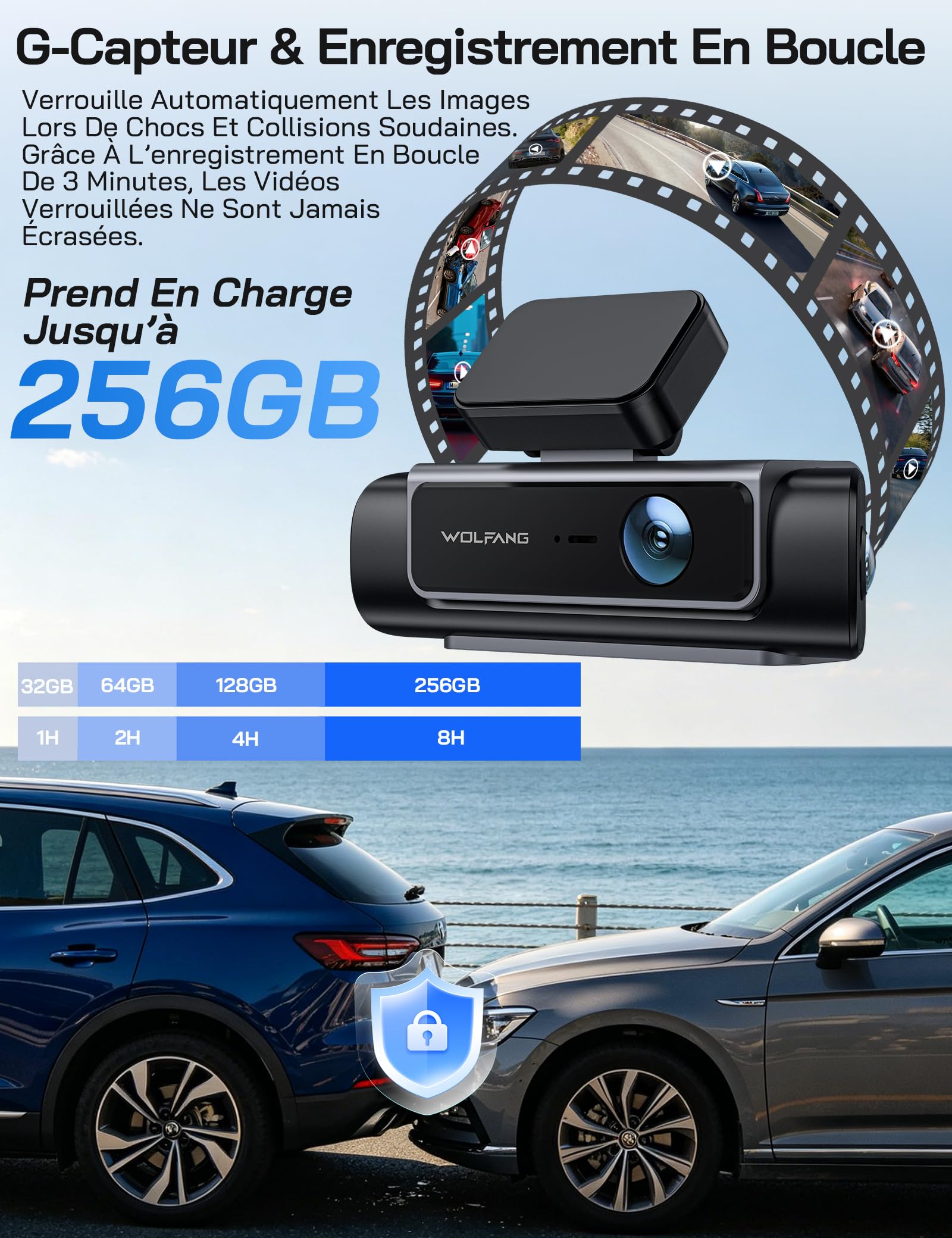 WOLFANG 4 Canaux Dashcam Voiture, Dashcam 4K Avant et 1080p*3, 24H Mode Parking, Caméra Embarquée 610°& 5.8GHz WiFi & Application, G-Capteur, WDR, Vision Nocturne, Enregistrement en Boucle